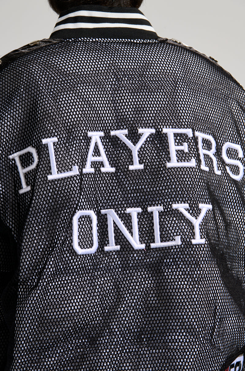 A detailed view of the PLAYERS ONLY JERSEY BOMBER, designed in a black and white textured style, showcasing "PLAYERS ONLY" embroidered prominently in large white letters on the back.