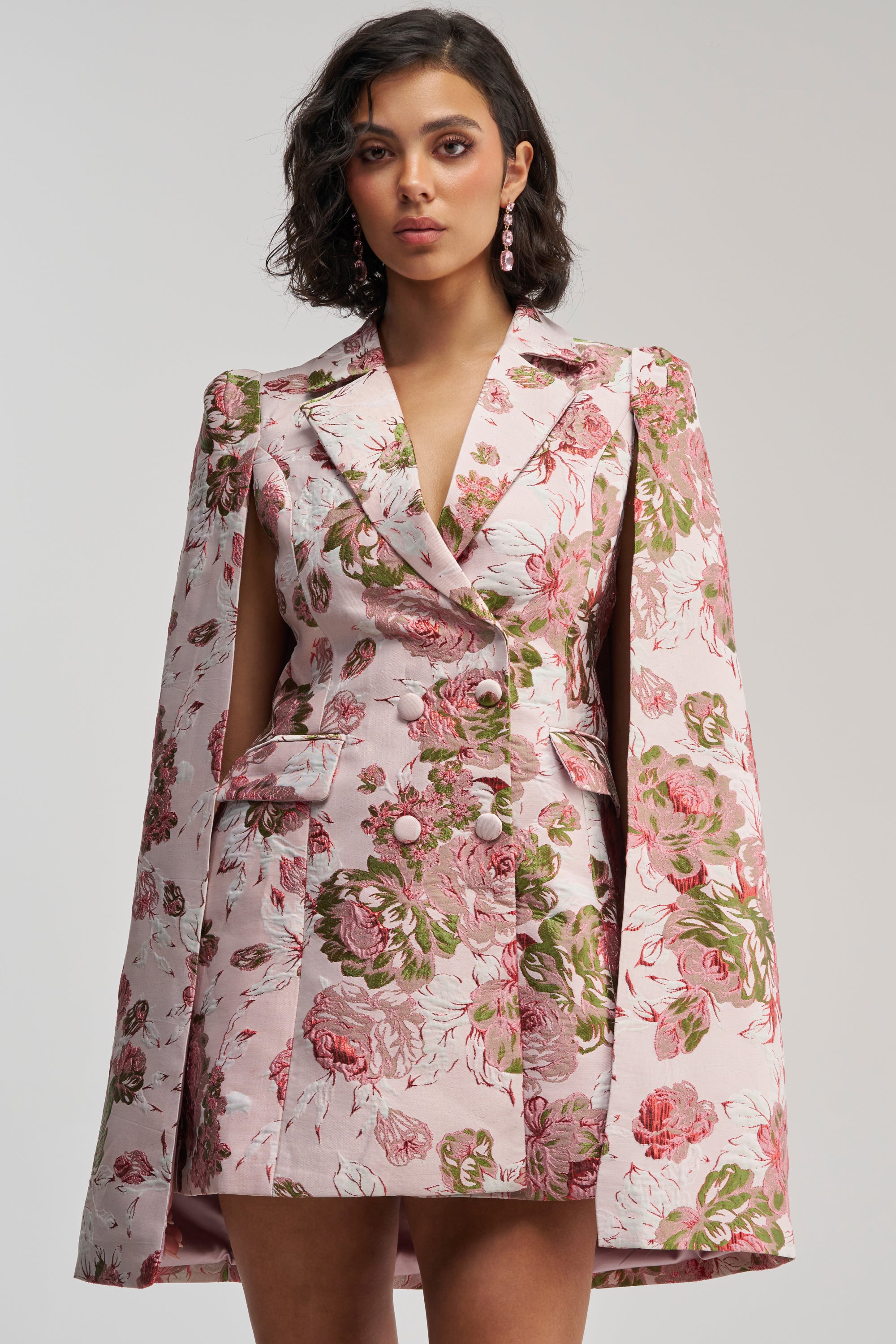 AKIRA Imani Brocade Cape Sleeve Blazer Dress | Pink