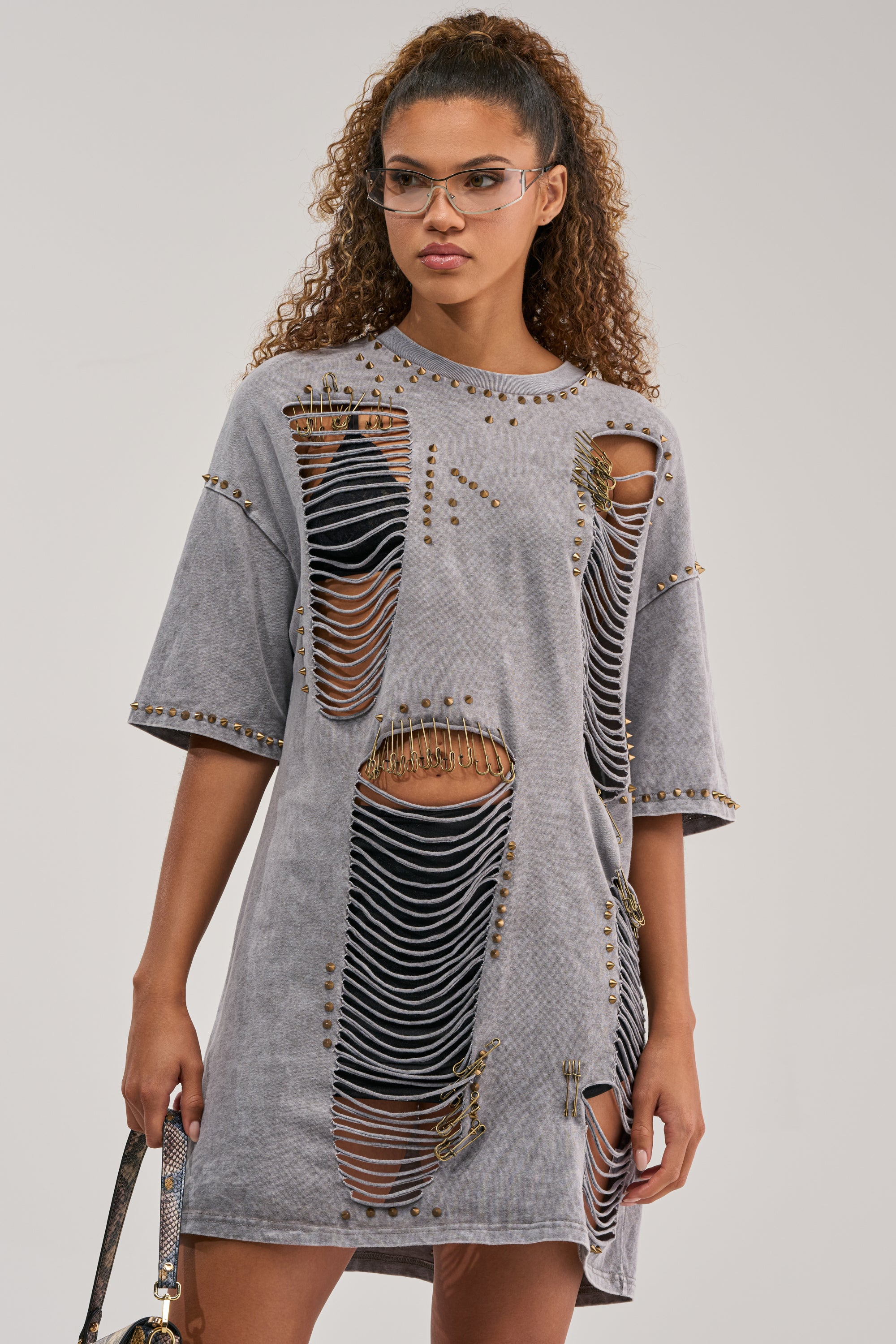 AKIRA Margot Distressed Studded Short Sleeve T-Shirt In Grey | Black