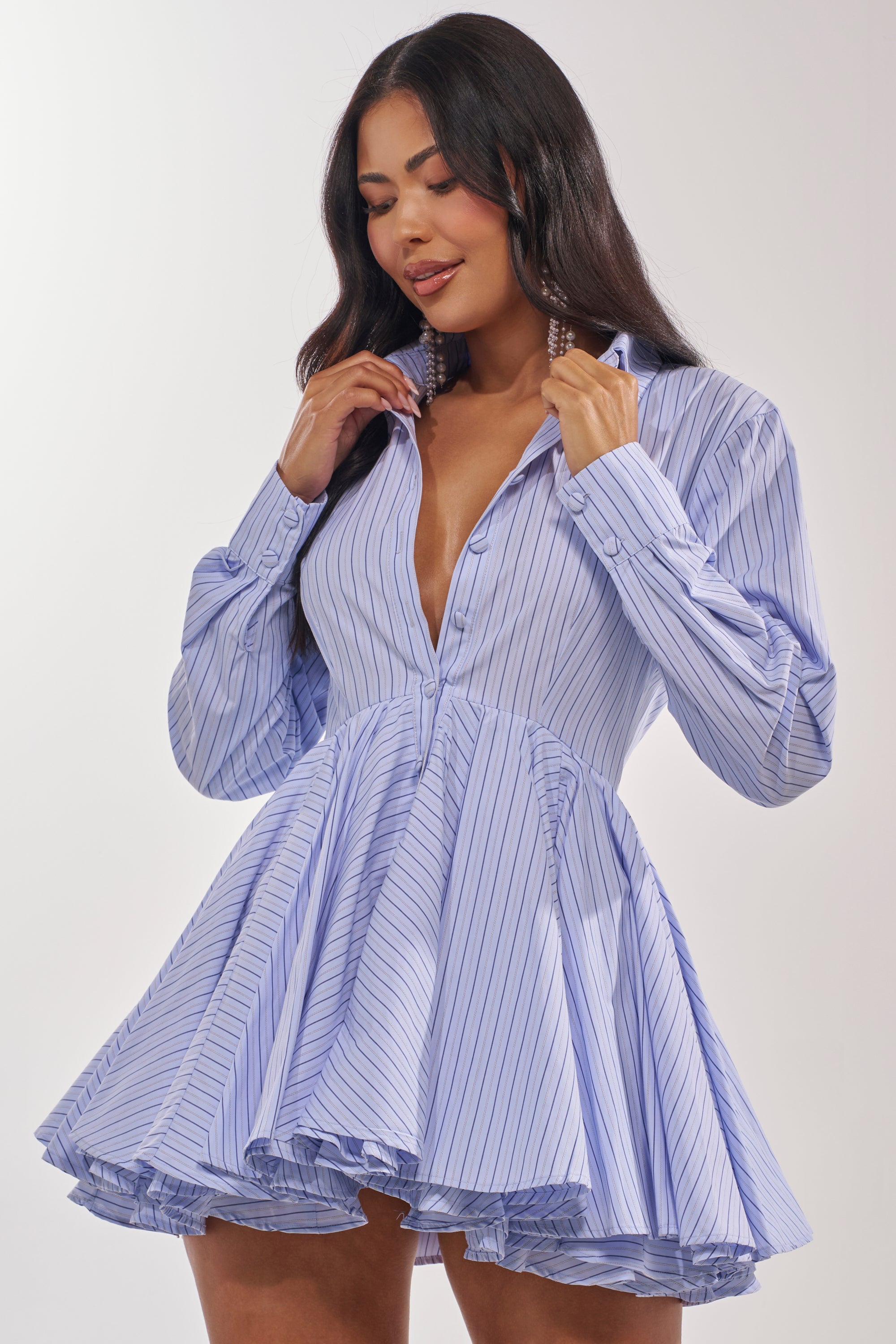 pinstripe mini dress Wynona White / Grey Consider this your primer on elevated day dressing AKIRA Happy Hour Pinstripe Mini