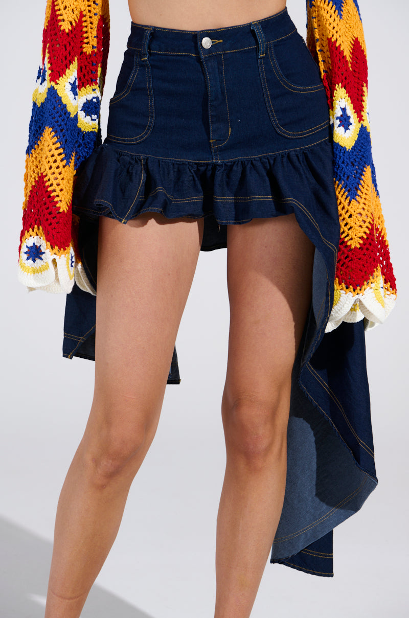 COME DANCE HIGH LOW DENIM SKIRT – AKIRA