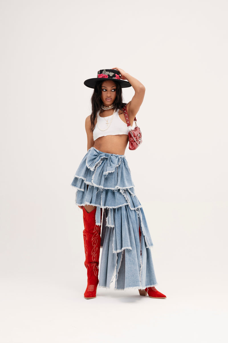 DISTRESSED TIERED ASYMMETRIC MIDI SKIRT – AKIRA