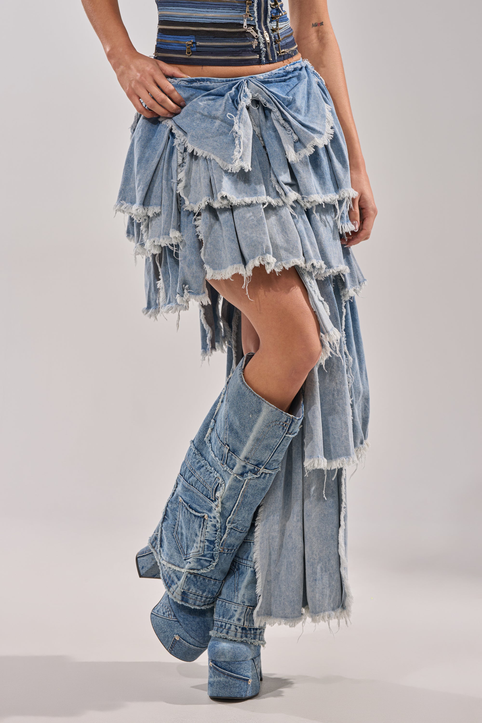 DISTRESSED TIERED ASYMMETRIC MIDI SKIRT – AKIRA