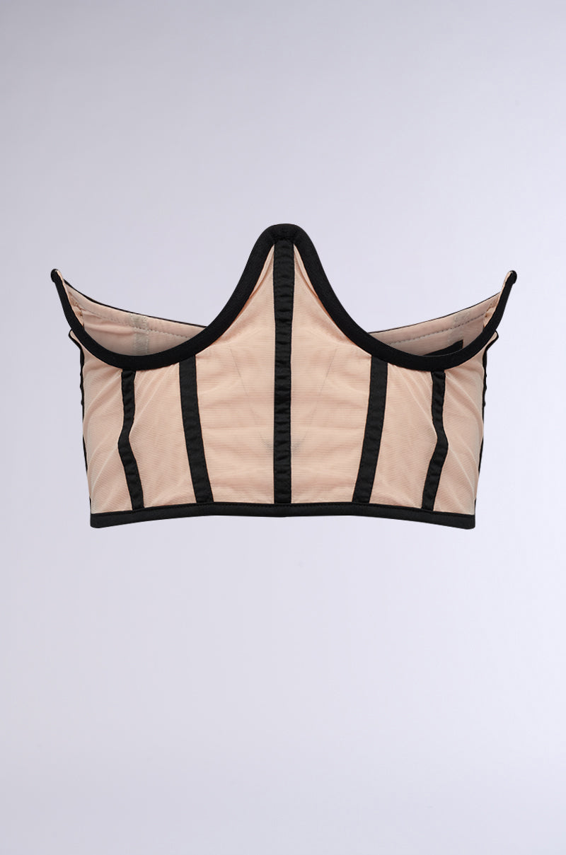 The STRUCTURED QUEEN UNDERBUST BELT is a cropped, structured garment resembling a corset, crafted from neutral beige fabric with contrasting black vertical stripes and black edging. It showcases curved, upward-pointing details at the top and features an underbust belt for added structure, enhancing its unique and sculptural appearance.