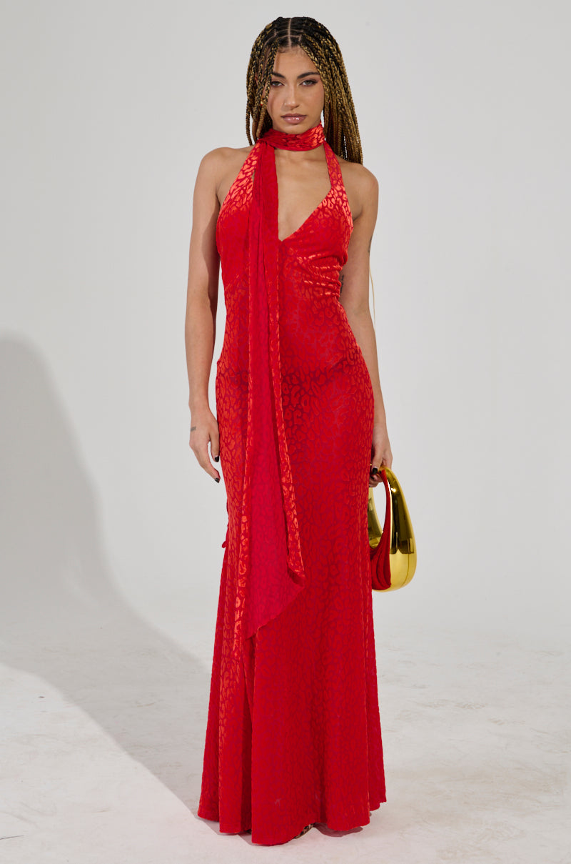 ON HOLIDAY LEOPARD PRINT VELVET MAXI DRESS WITH SCARF IN RED AKIRA ON HOLIDAY LEOPARD PRINT VELVET MAXI DRESS WITH SCARF IN RED AKIRA