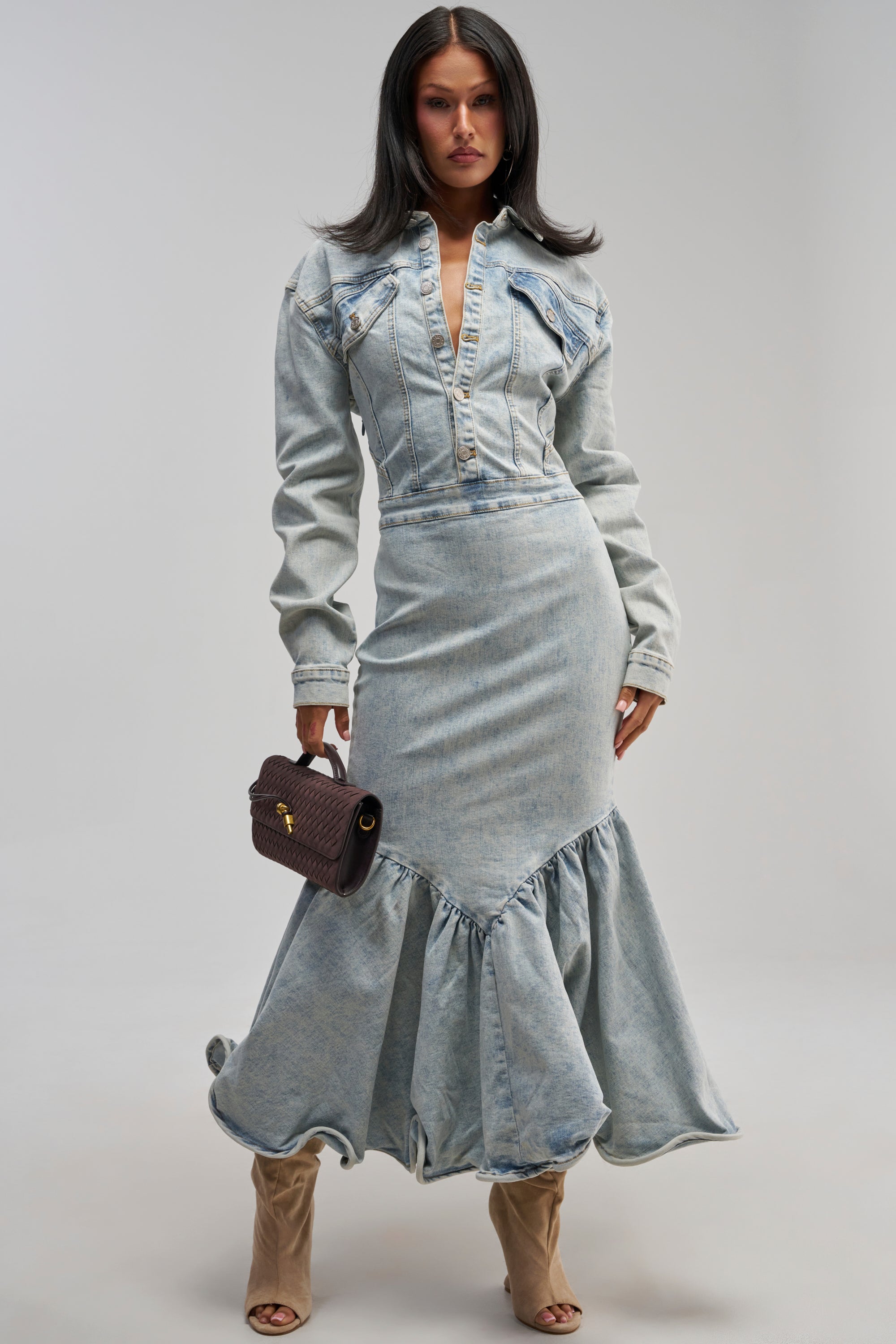 long denim dress womens AKIRA For Days Maxi | Light Blue atlas The Ultimate Guide To payment of duties due Color:Mocha/Gold