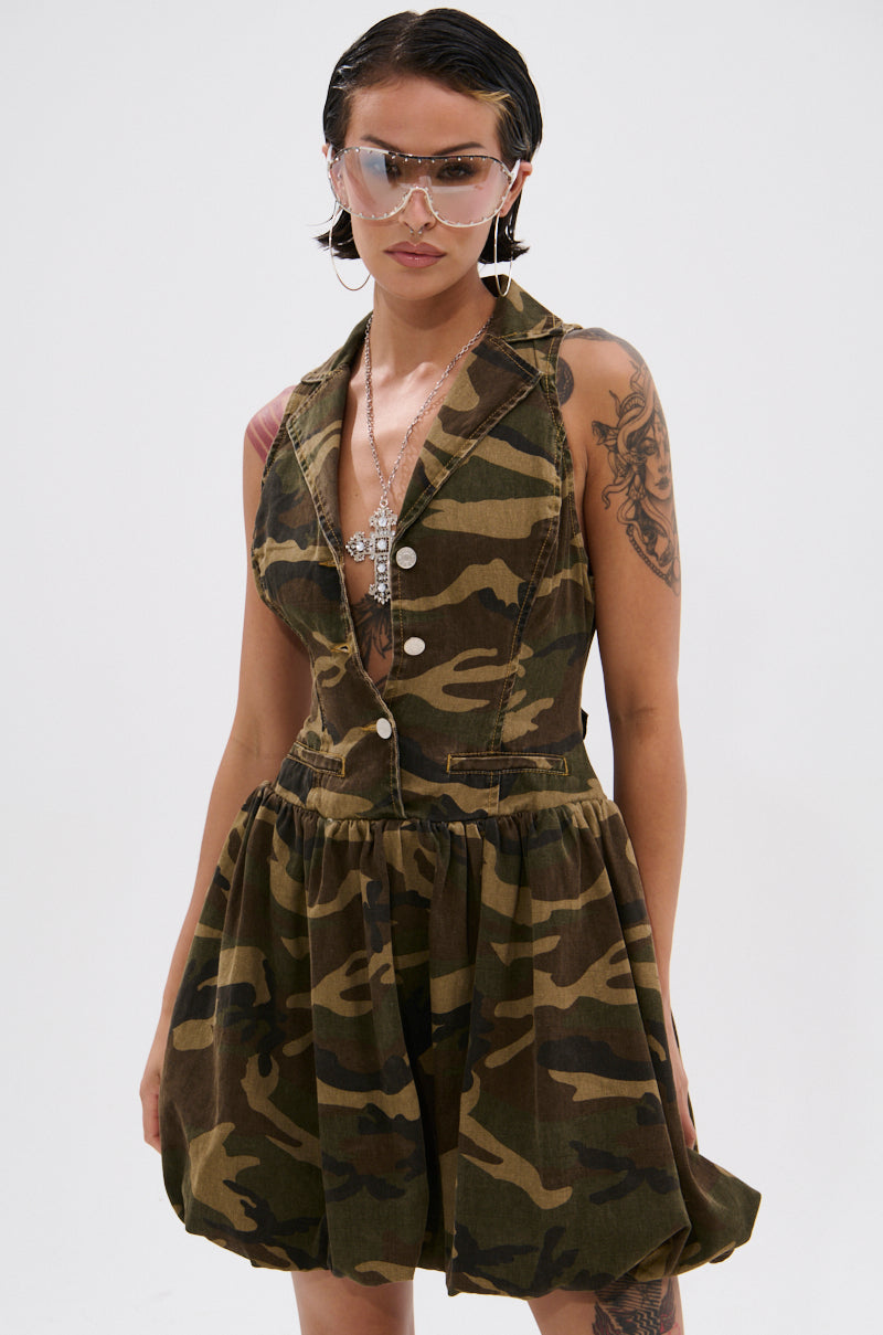 KELLY CAMO DENIM MINI DRESS KELLY CAMO DENIM MINI DRESS