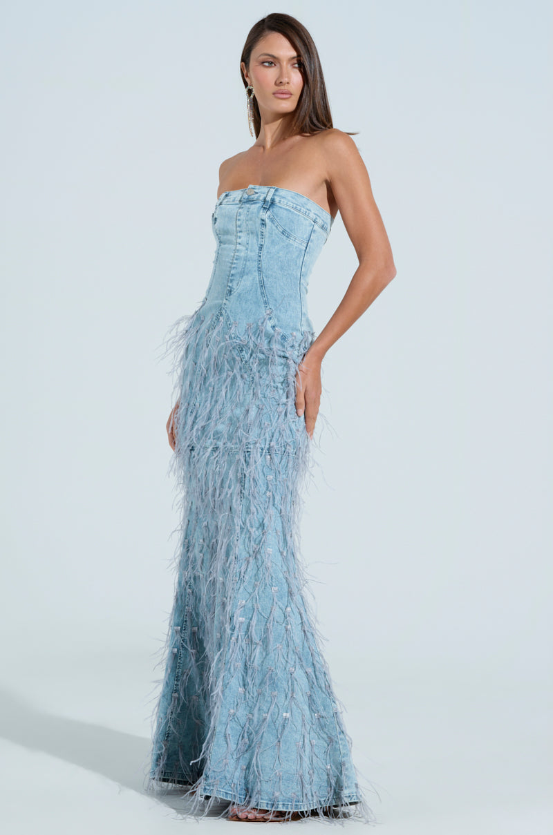 BRITTANY FEATHER DENIM MAXI DRESS AKIRA BRITTANY FEATHER DENIM MAXI DRESS AKIRA