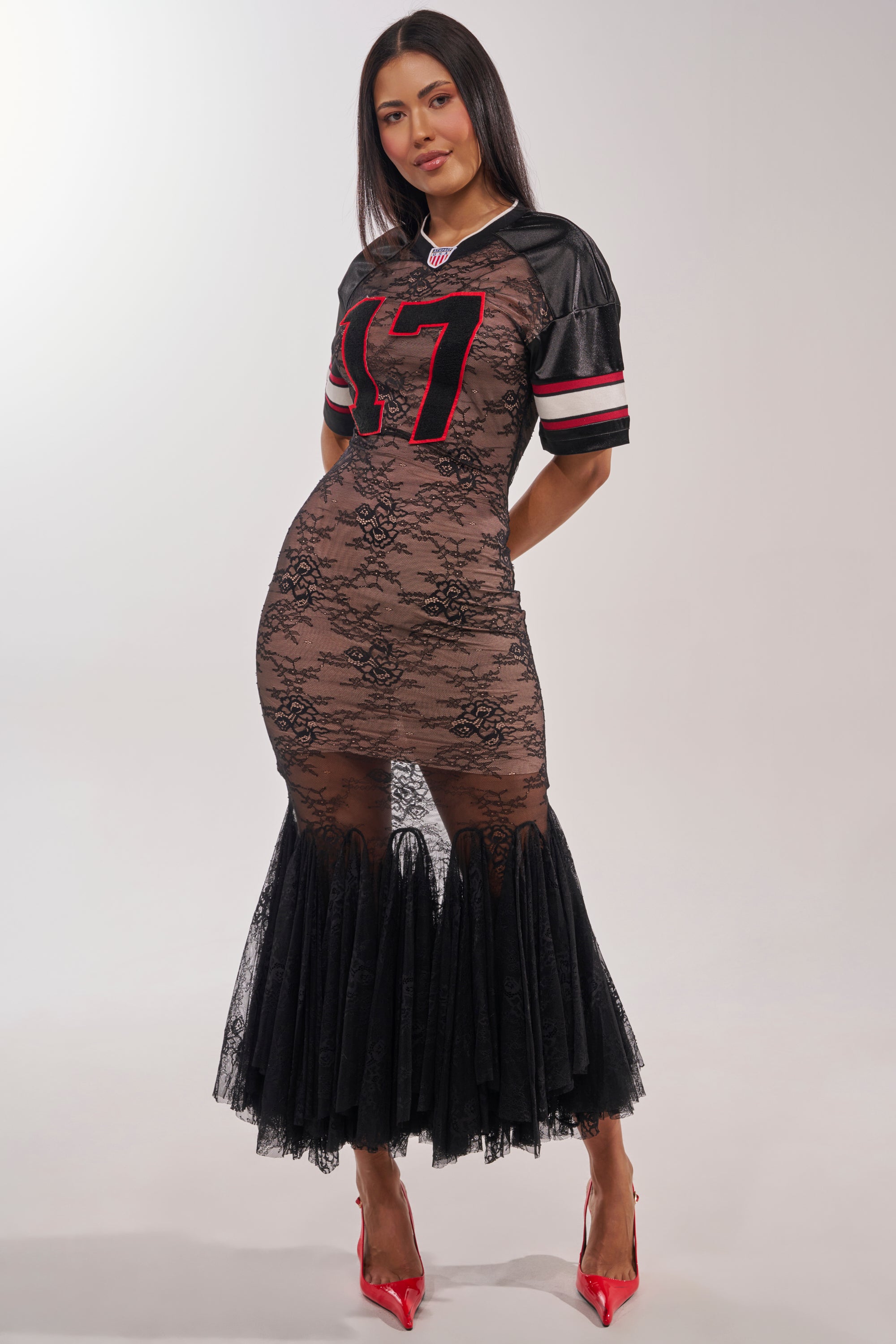 LAYUP LACE JERSEY MIDI DRESS IN BLACK AKIRA LAYUP LACE JERSEY MIDI DRESS IN BLACK AKIRA