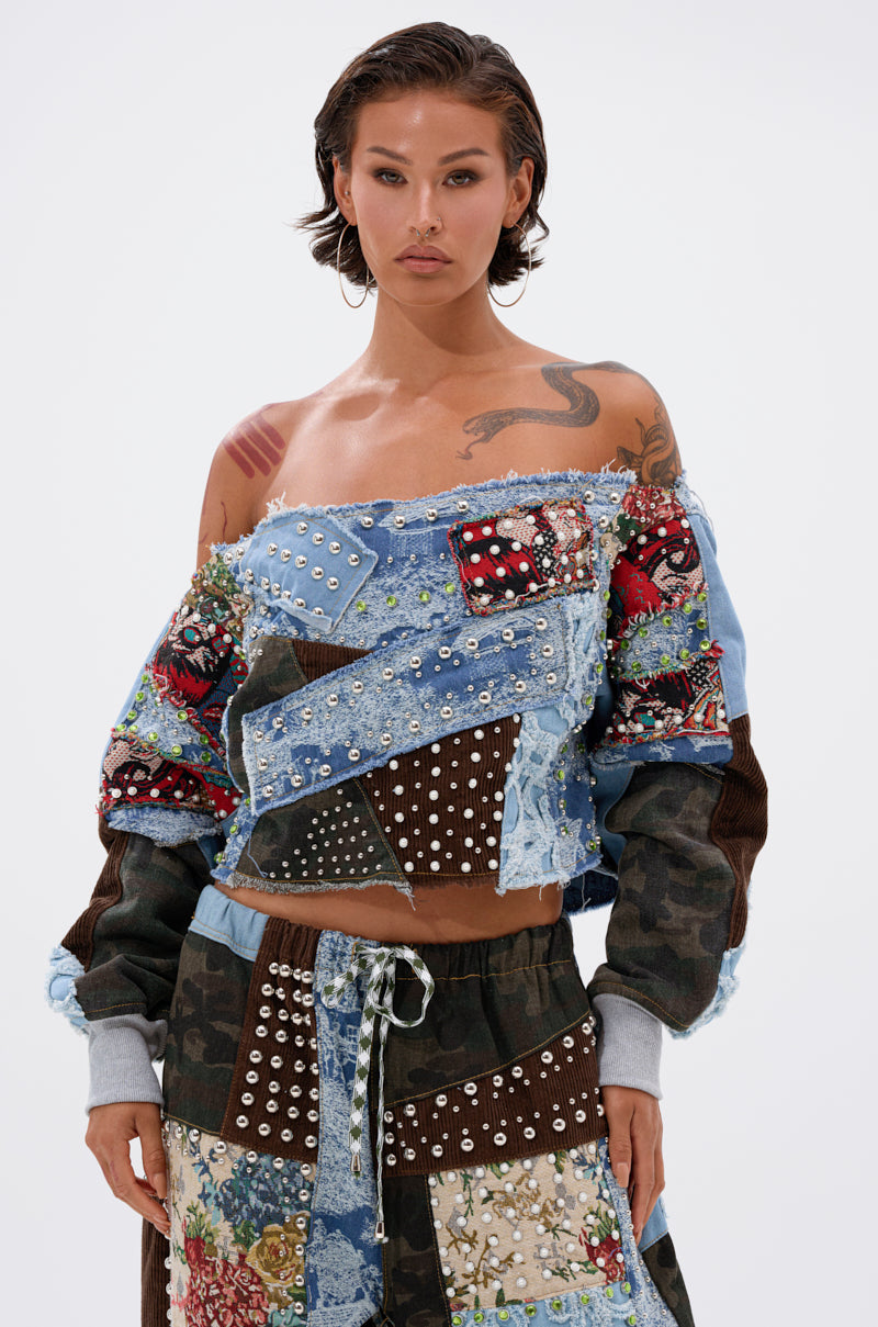 mayu✩.*˚ CALL ME CRAZY PATCHWORK OFF THE SHOULDER SWEATSHIRT – AKIRA