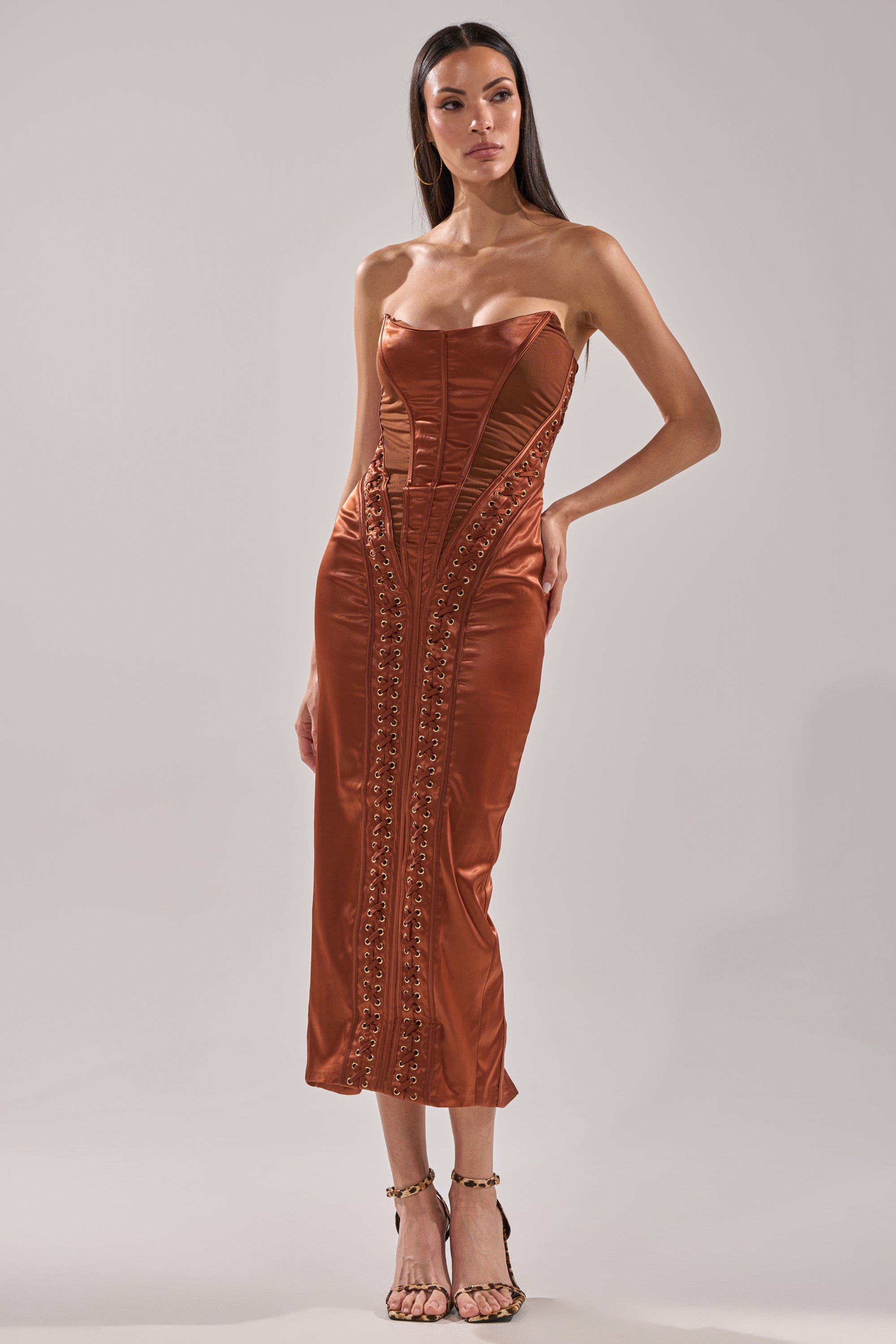chocolate satin midi dress WOAH BABY SATIN MIDI DRESS IN CHOCOLATE – AKIRA
