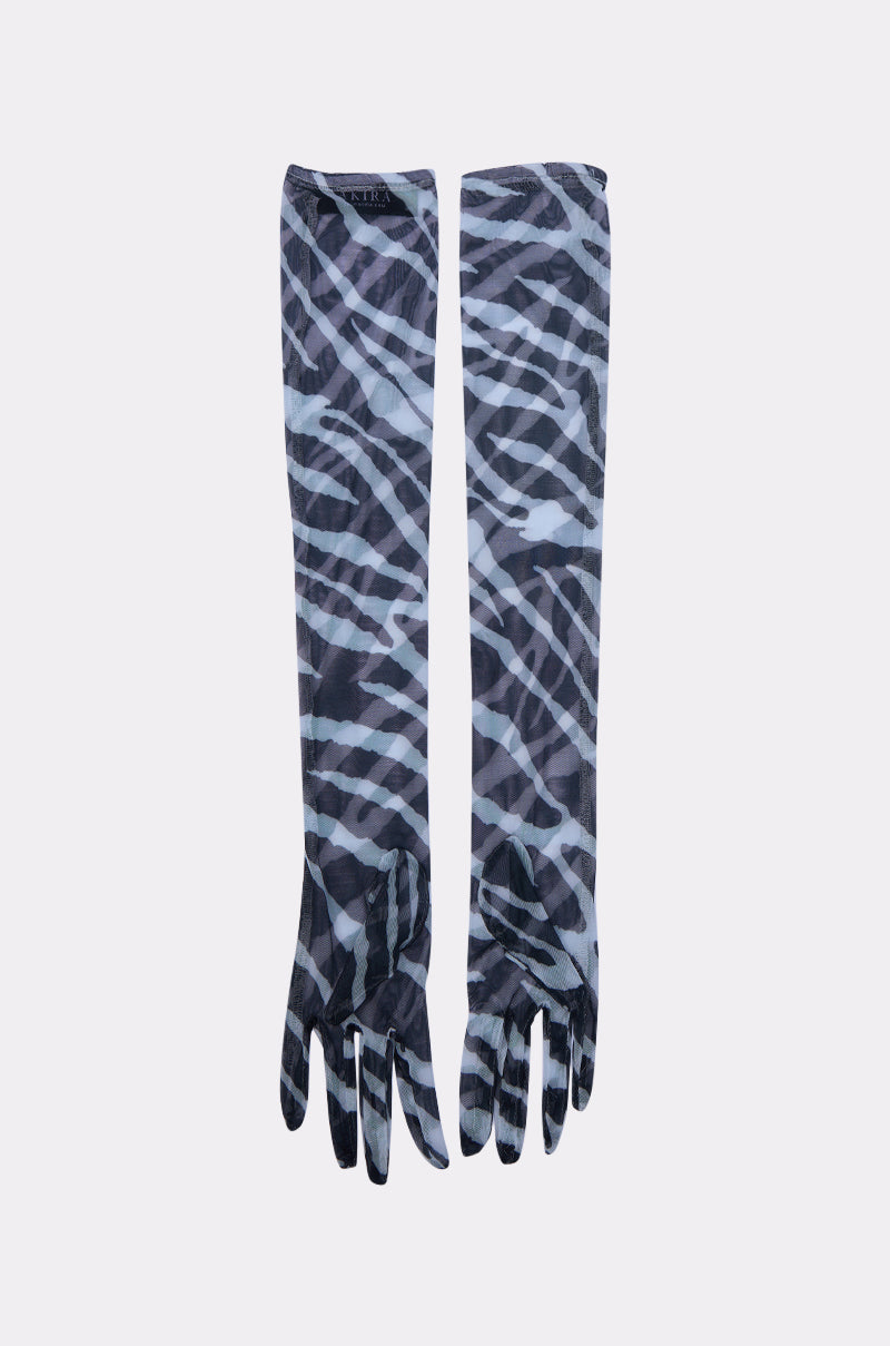 The ZEBRA LUXE MESH GLOVES are elbow-length mesh gloves with a blue and black abstract zebra stripe pattern, shown laid flat side by side on a plain light gray background.