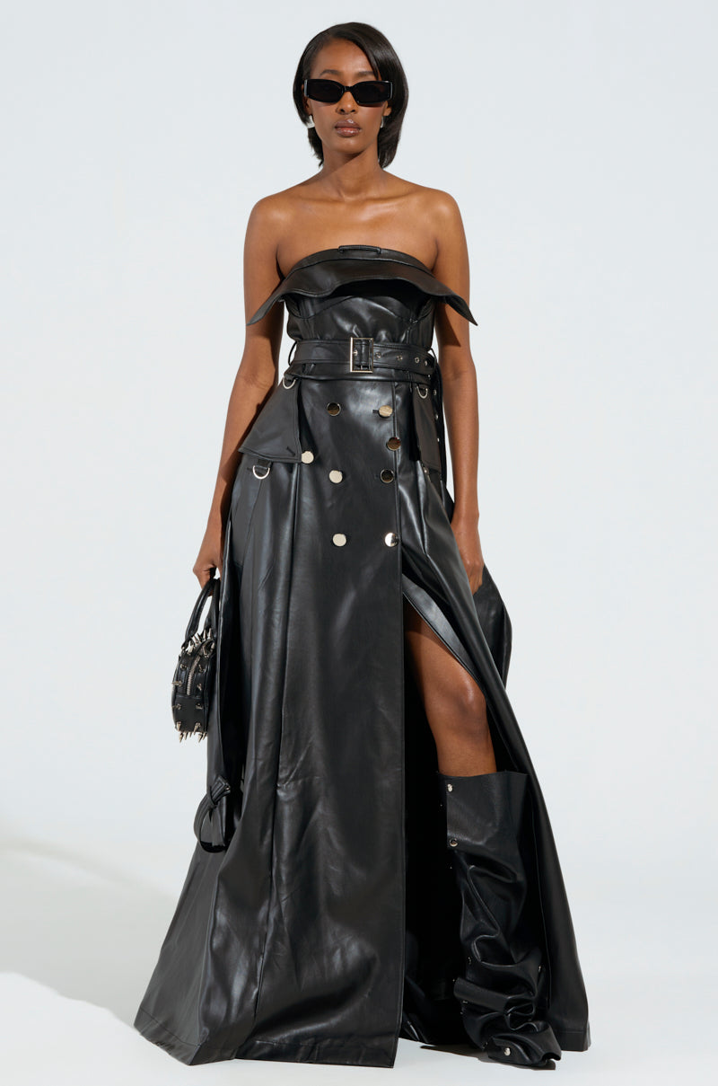 STRAPLESS TRENCH MAXI DRESS IN PU – AKIRA