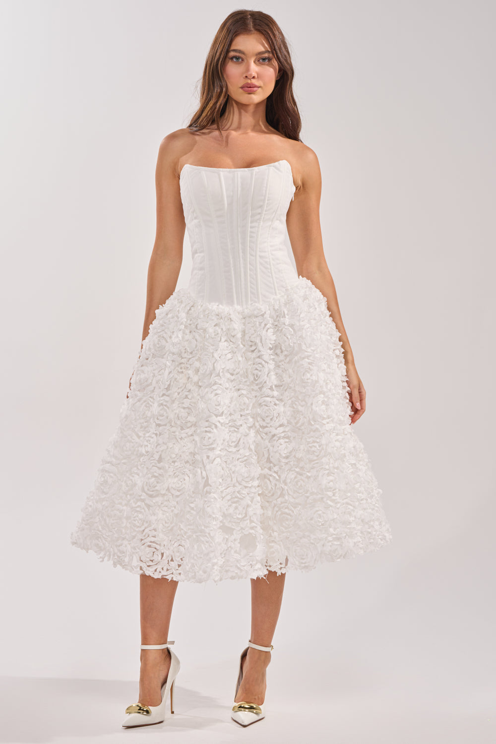 FIND ME LATER FLORAL CORSET MIDI DRESS IN WHITE – AKIRA