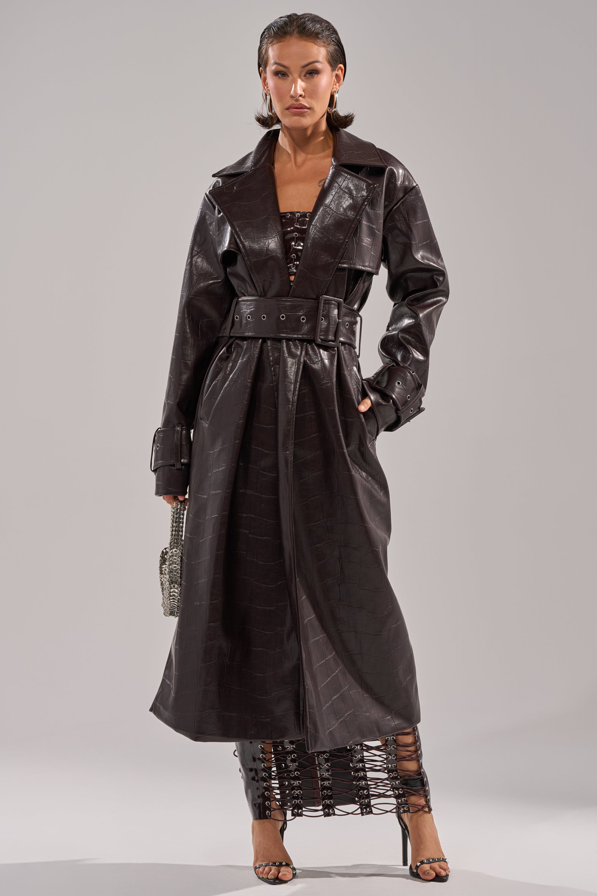 AKIRA Embossed Croc Trench Coat | Brown | Size Medium AKIRA Embossed Croc Trench Coat | Brown | Size Medium