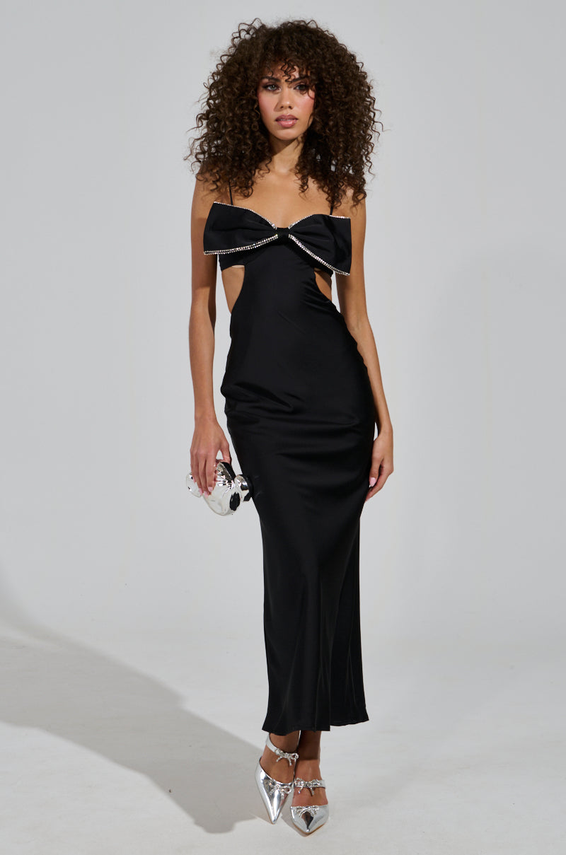 PUT A BOW ON IT SATIN MAXI DRESS IN BLACK AKIRA PUT A BOW ON IT SATIN MAXI DRESS IN BLACK AKIRA