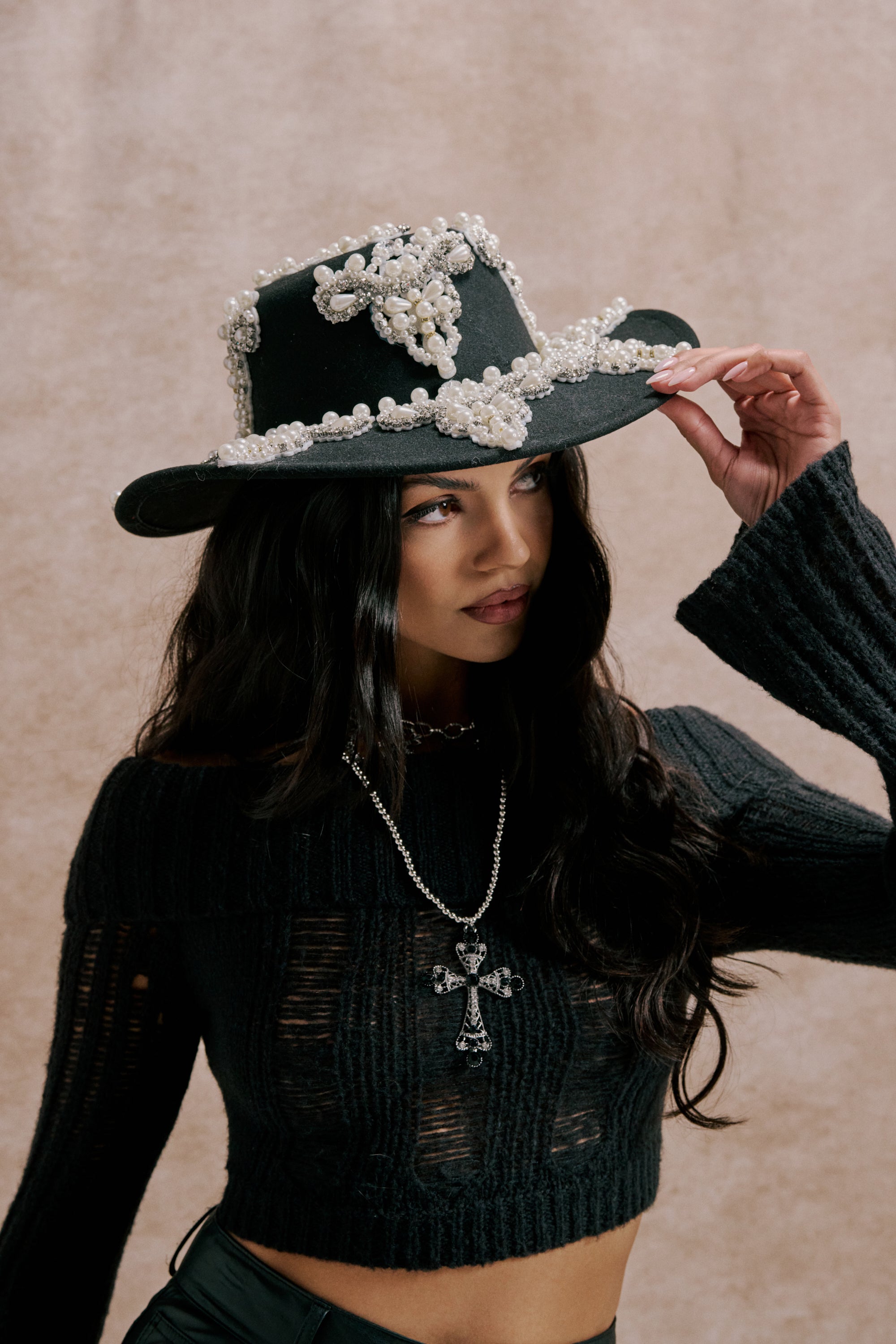 AKIRA Pearl Please Embellished Brim Hat | Black AKIRA Pearl Please Embellished Brim Hat | Black