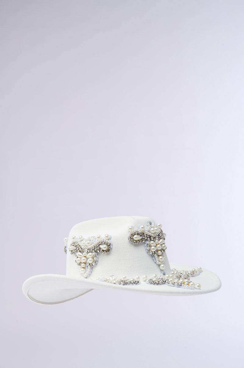 The BOUJEE PEARL COWBOY HAT features a soft gray background with rhinestone accents and crystal embellishments on the crown and brim.