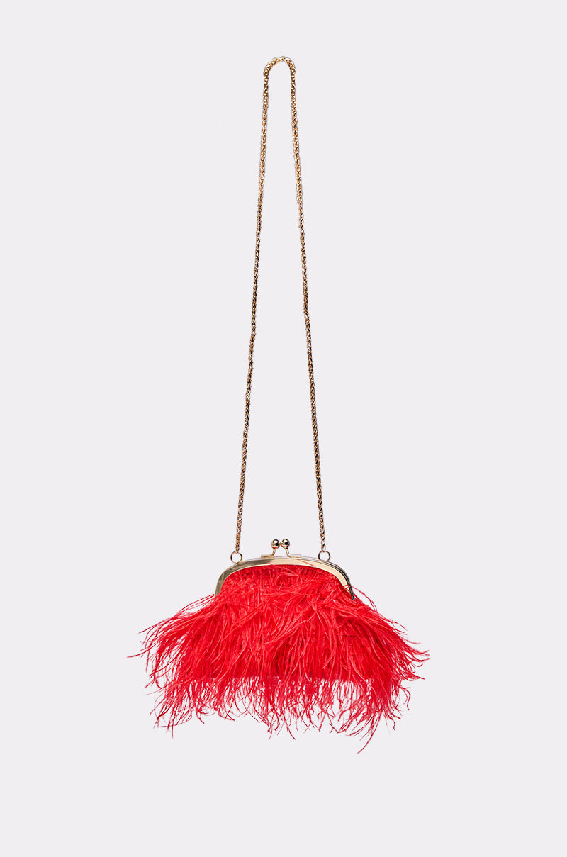 The PARTY STARTER FEATHER PURSE is a small clutch with a gold chain strap and vintage-style clasp, dazzling with bright red feathers on a plain light background.