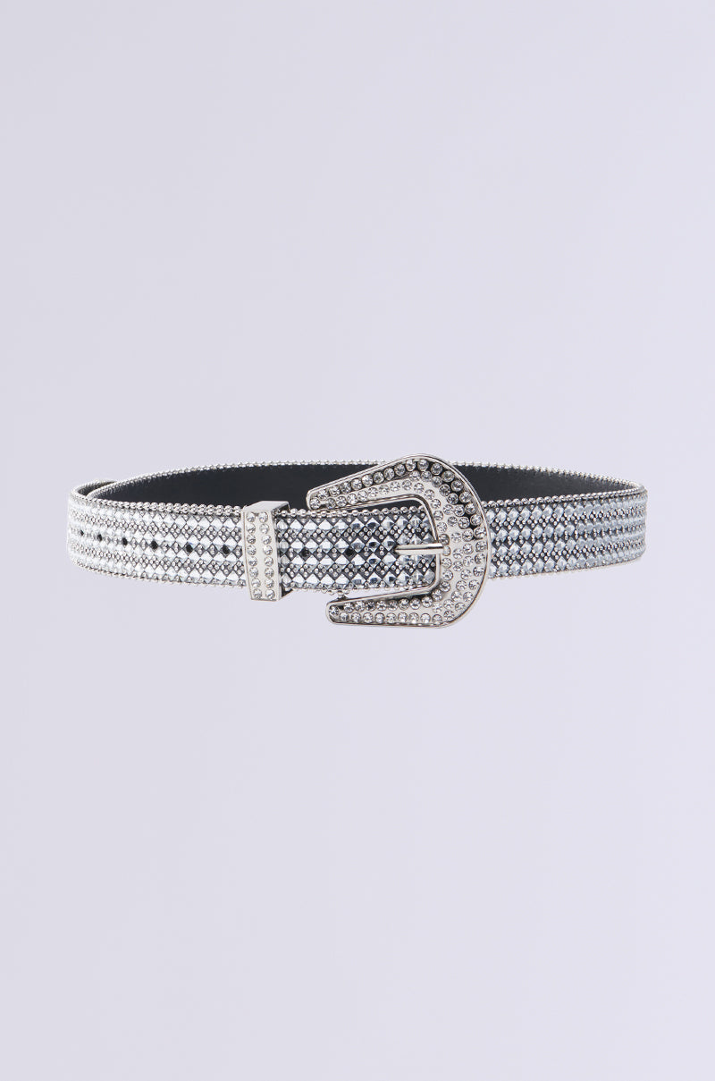 The BLING BABE WESTERN BELT features a silver buckle and a plain gray background adorned with a pattern of sparkling rhinestones, adding glamour to any outfit.