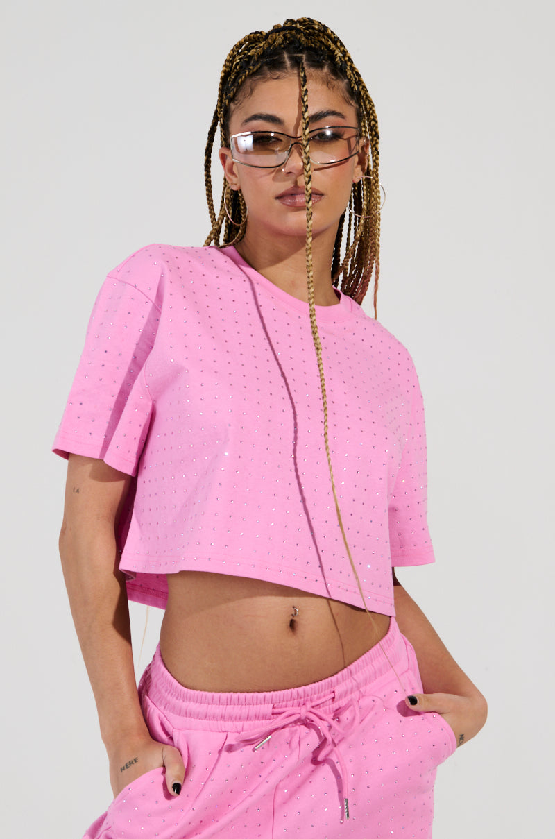 BLOSSOM RHINESTONE EMBELLISHED CROPPED T-SHIRT IN PINK – AKIRA