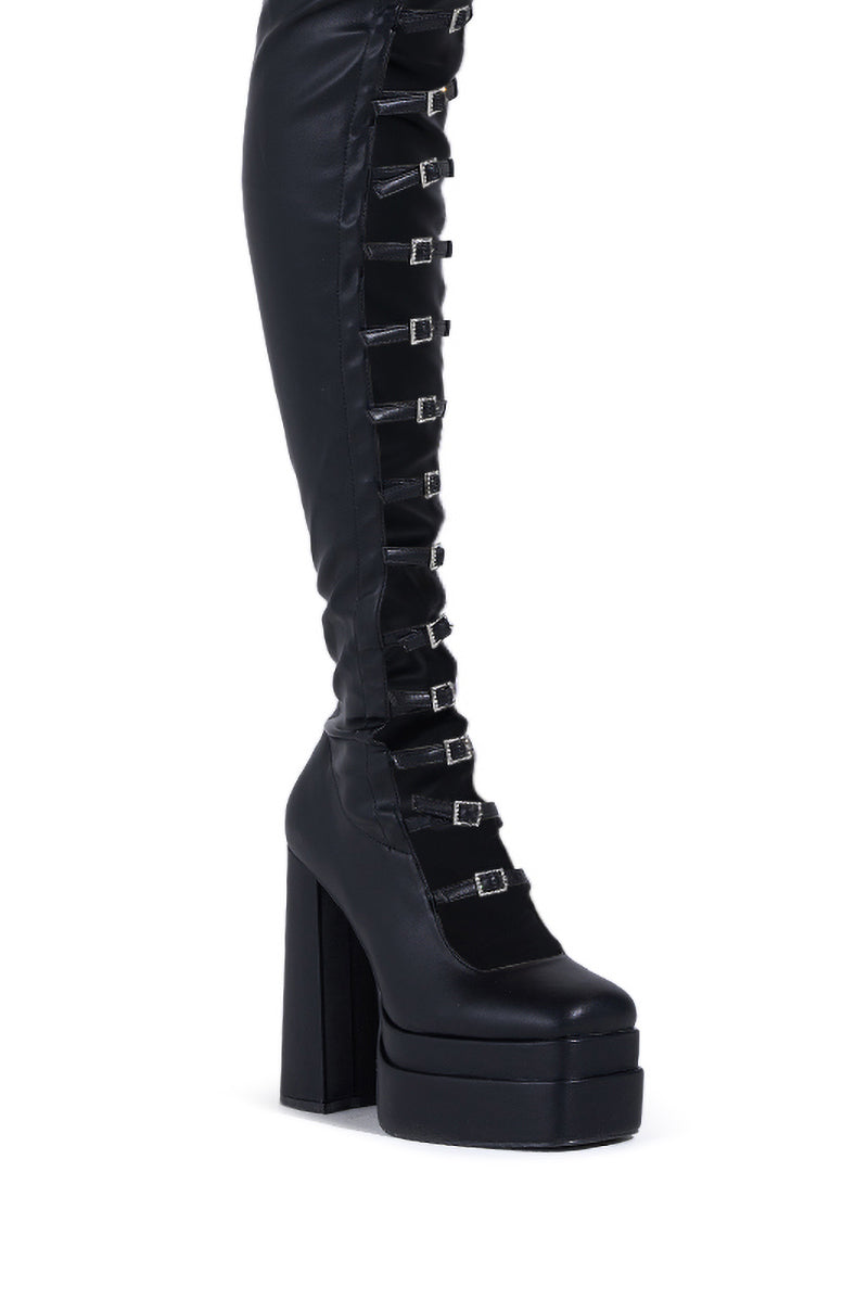 Introducing the AZALEA WANG Brynne: a sleek faux leather black chunky platform boot with a high heel and multiple rhinestone buckle accents along its length.