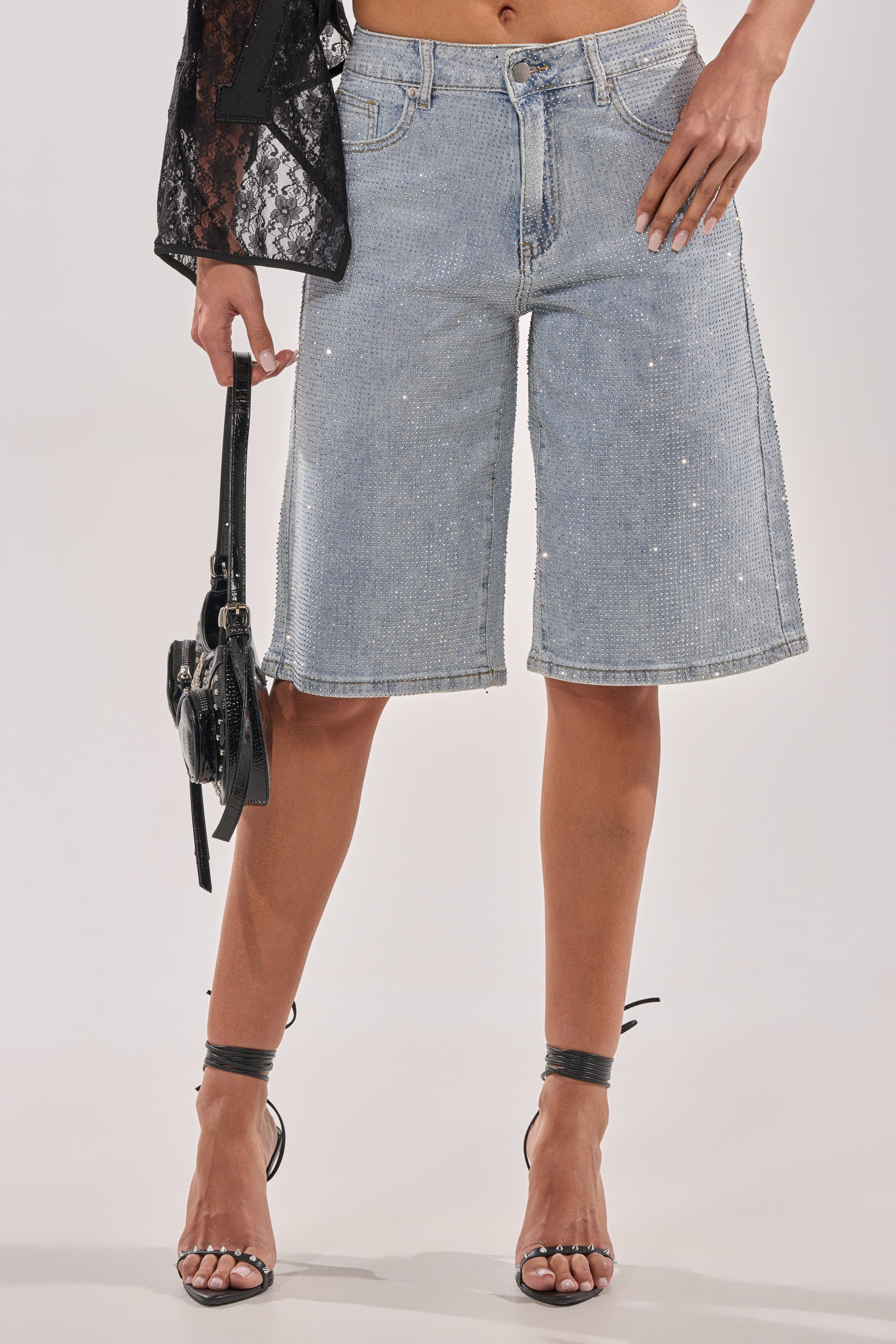 BLING BLING RHINESTONE BERMUDA SHORT IN LIGHT BLUE DENIM – AKIRA