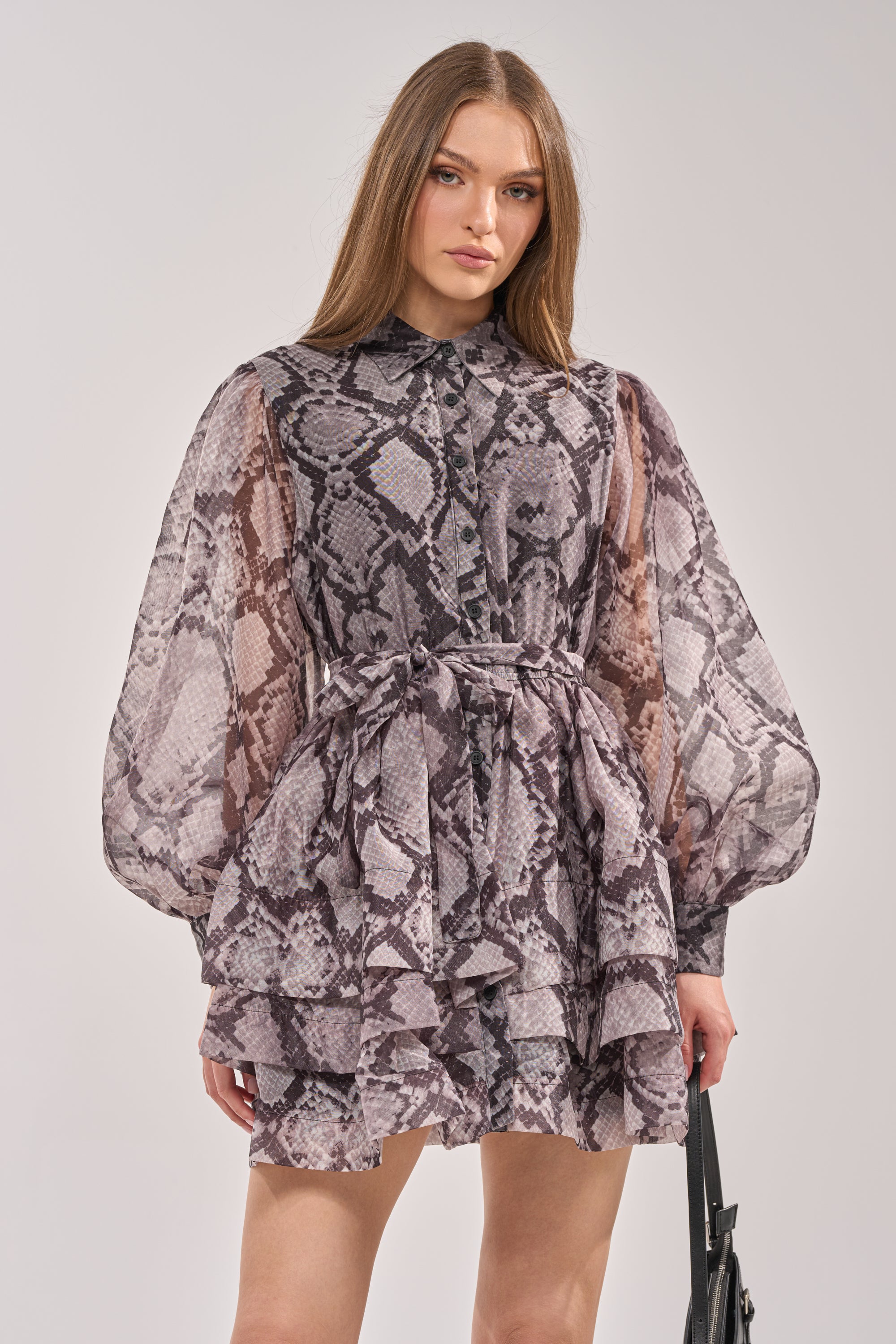IT GIRL CHIFFON RUFFLE MINI DRESS IN SNAKE – AKIRA