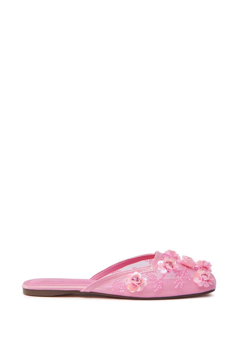 The AZALEA WANG CHERINA Pink Flat features floral appliqués and beadwork on a transparent mesh background.