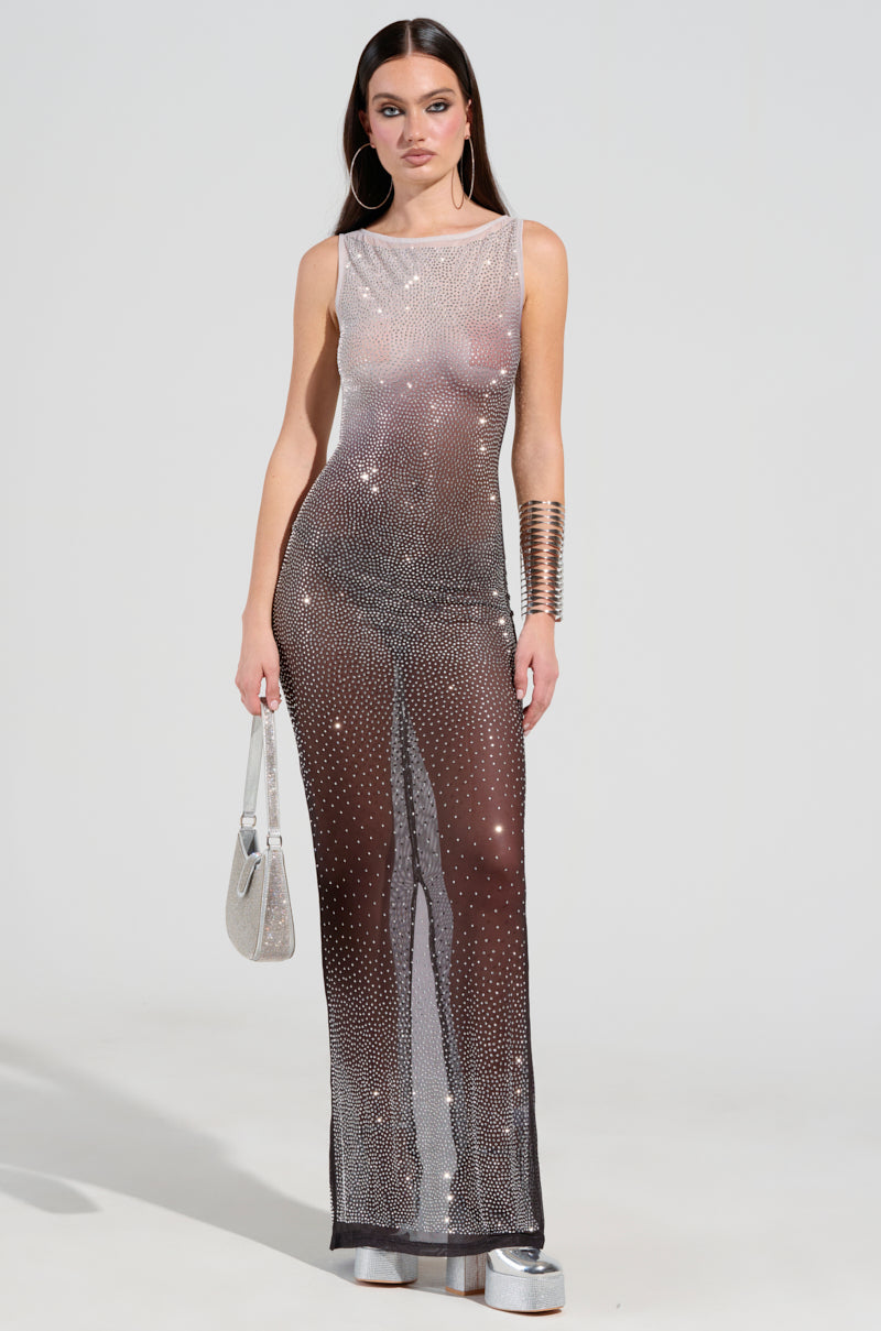 sheer mesh rhinestone dress Santa Brands Rhinestone-embellished Mesh Maxi Dress