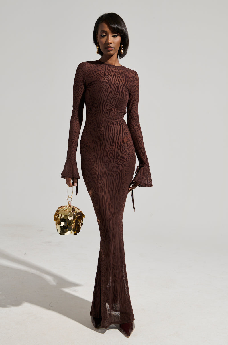 MY GOOD SIDE LEOPARD MESH MAXI DRESS IN BROWN AKIRA MY GOOD SIDE LEOPARD MESH MAXI DRESS IN BROWN AKIRA