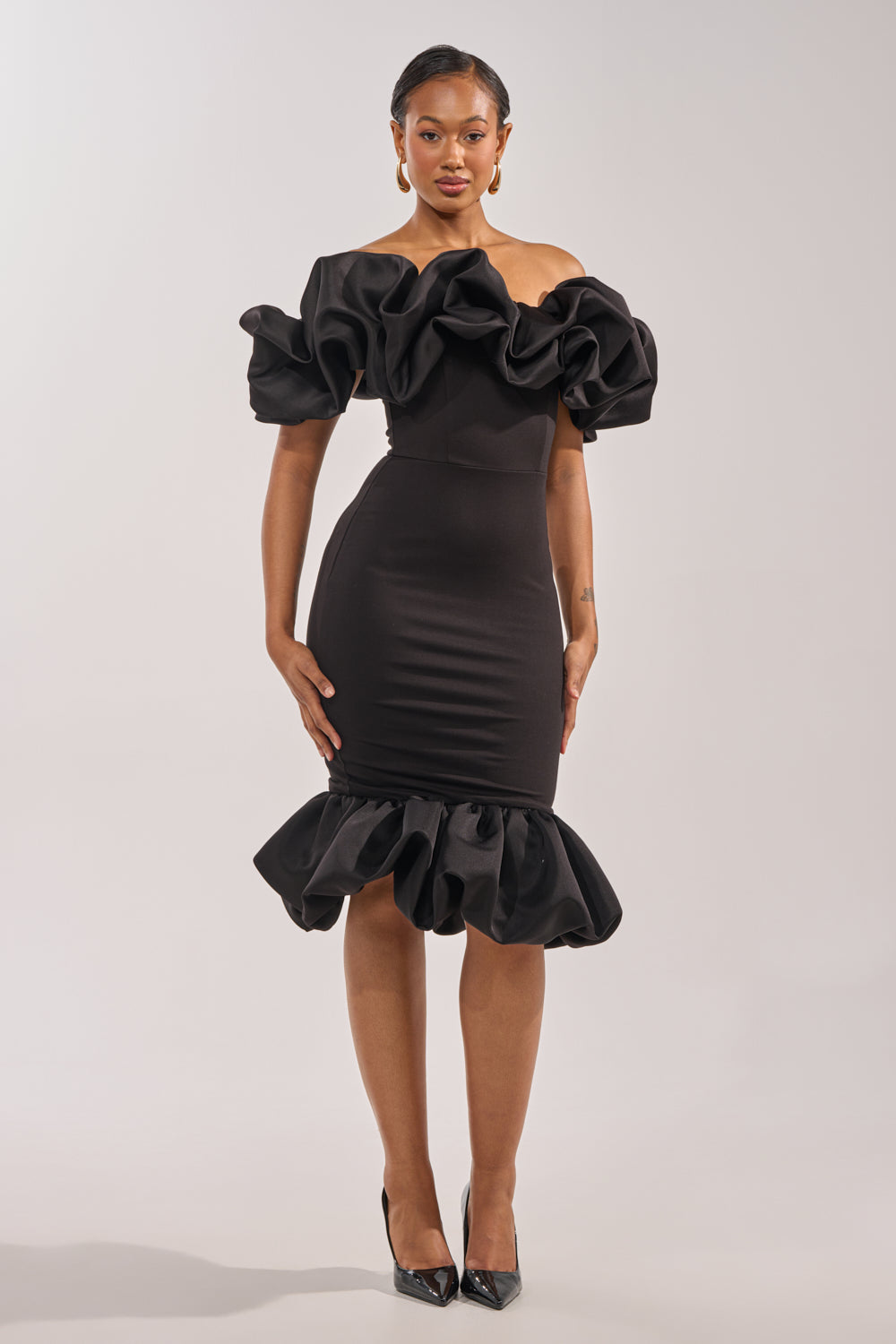 AKIRA Cocktail Hour Puff Sleeve Midi Dress | Black | Size Small AKIRA Cocktail Hour Puff Sleeve Midi Dress | Black | Size Small