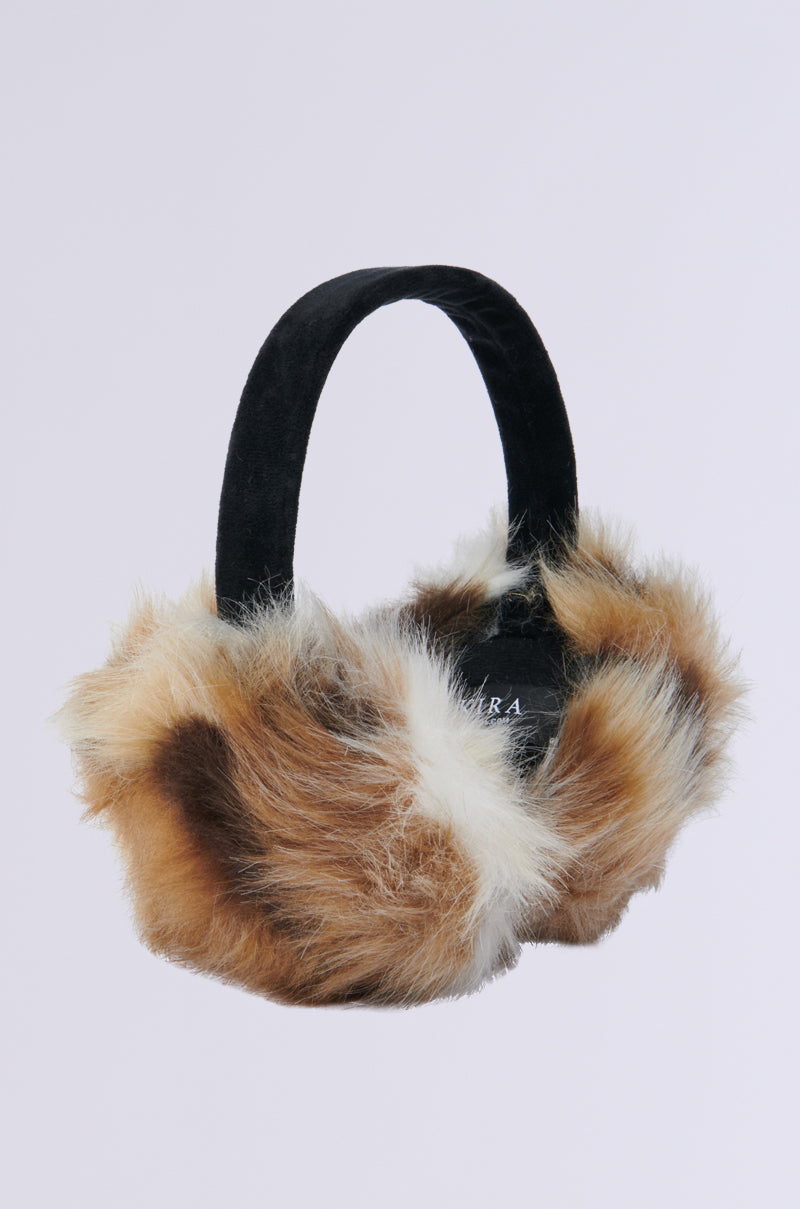 The WILD ONE FAUX FUR EAR MUFFS feature a black band and stylish brown and white animal print faux fur on the ear covers, all set against a light grey background. This chic winter accessory provides both warmth and style in cold weather.
