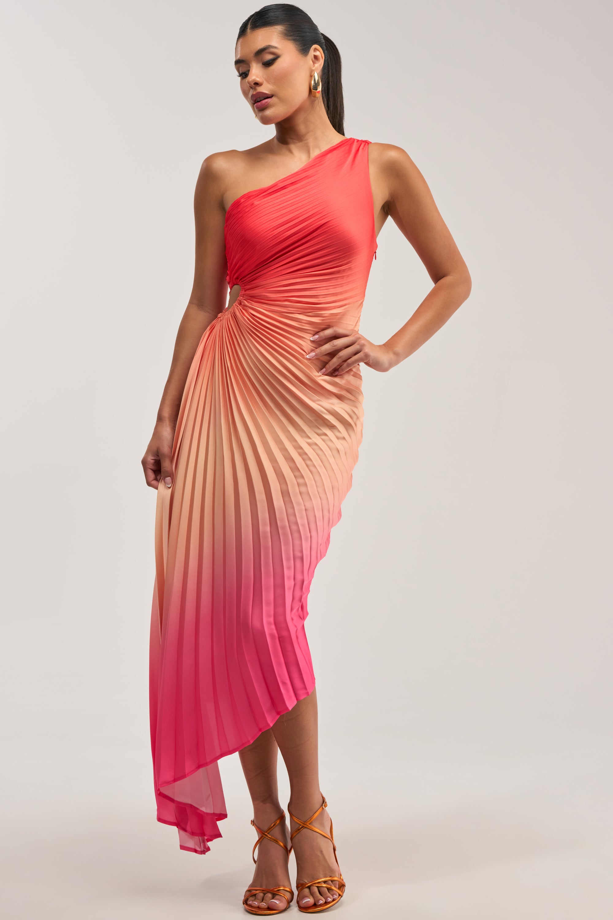ombre midi dress Into The Sunset Pink Shop the Mint ALESSIA SOVEREIGN OMBR MIDI DRESS is a sleek slip silhouette washed in radiant golden Slit Split Hem Long Sleeve