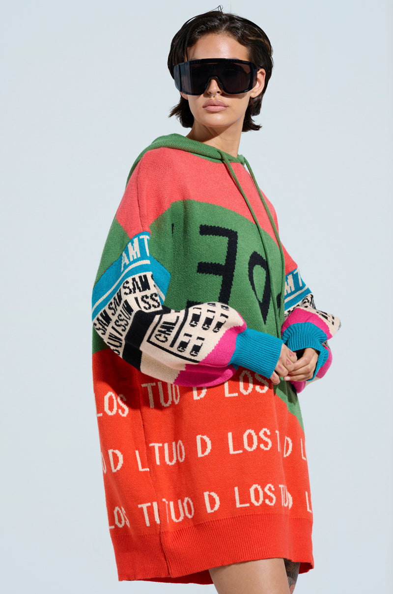 A person with short hair wears oversized black sunglasses and the LOUD AND PROUD PULLOVER HOODED SWEATER DRESS, which showcases graphic text and contrasting patterns in teal, red, orange, and pink. The background is a plain light blue.