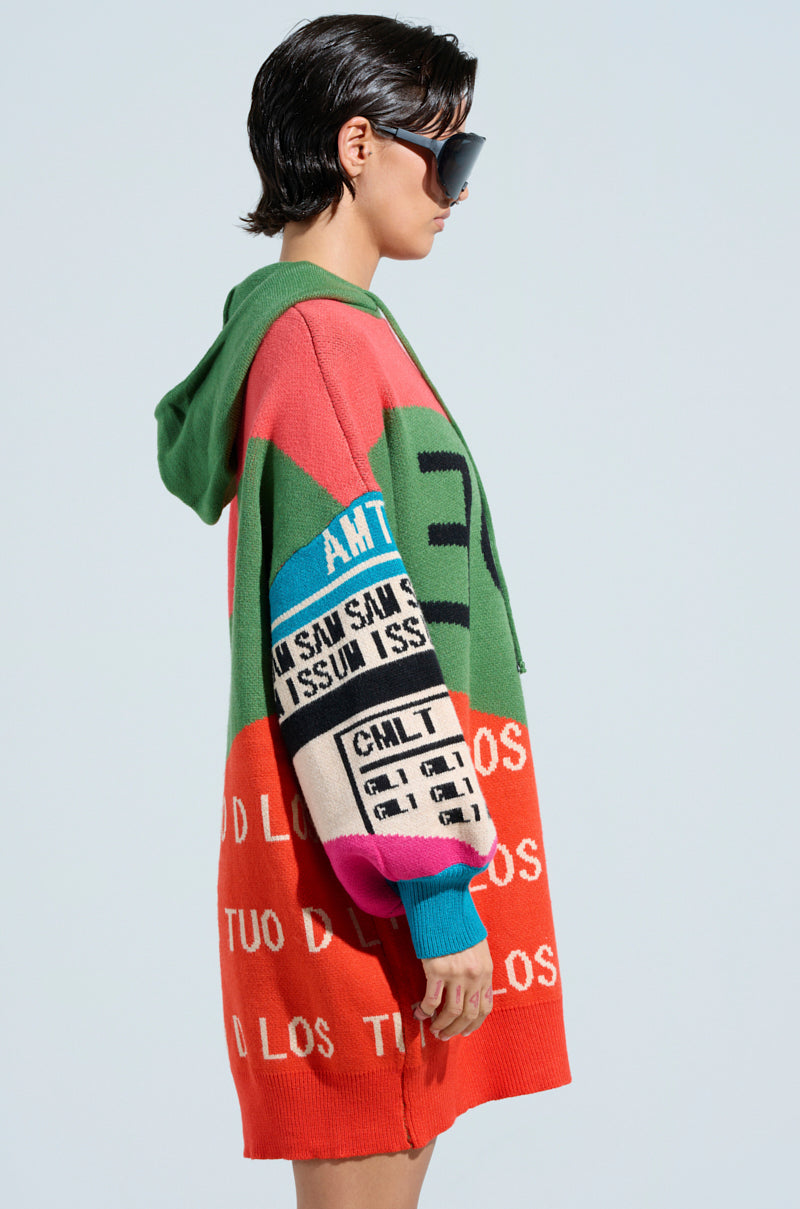 A person with short hair sports oversized sunglasses and the LOUD AND PROUD PULLOVER HOODED SWEATER DRESS, showcasing a vivid graphic text print in shades of green, red, and blue. This oversized hoodie features white text strips across the sleeves and front. The light blue backdrop enhances its vibrant patchwork designs.