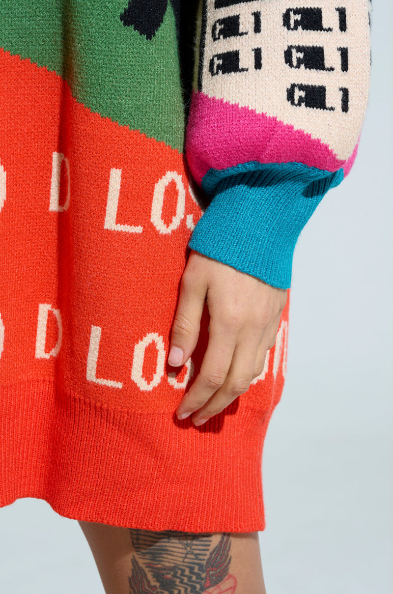 The LOUD AND PROUD PULLOVER HOODED SWEATER DRESS is a vibrant, oversized hoodie adorned with patterns and graphic text print. The sleeves combine pink and beige hues with abstract designs, while the body showcases a bright orange color accented by bold white letters. A hand casually rests beside a bird tattoo on the person's leg.