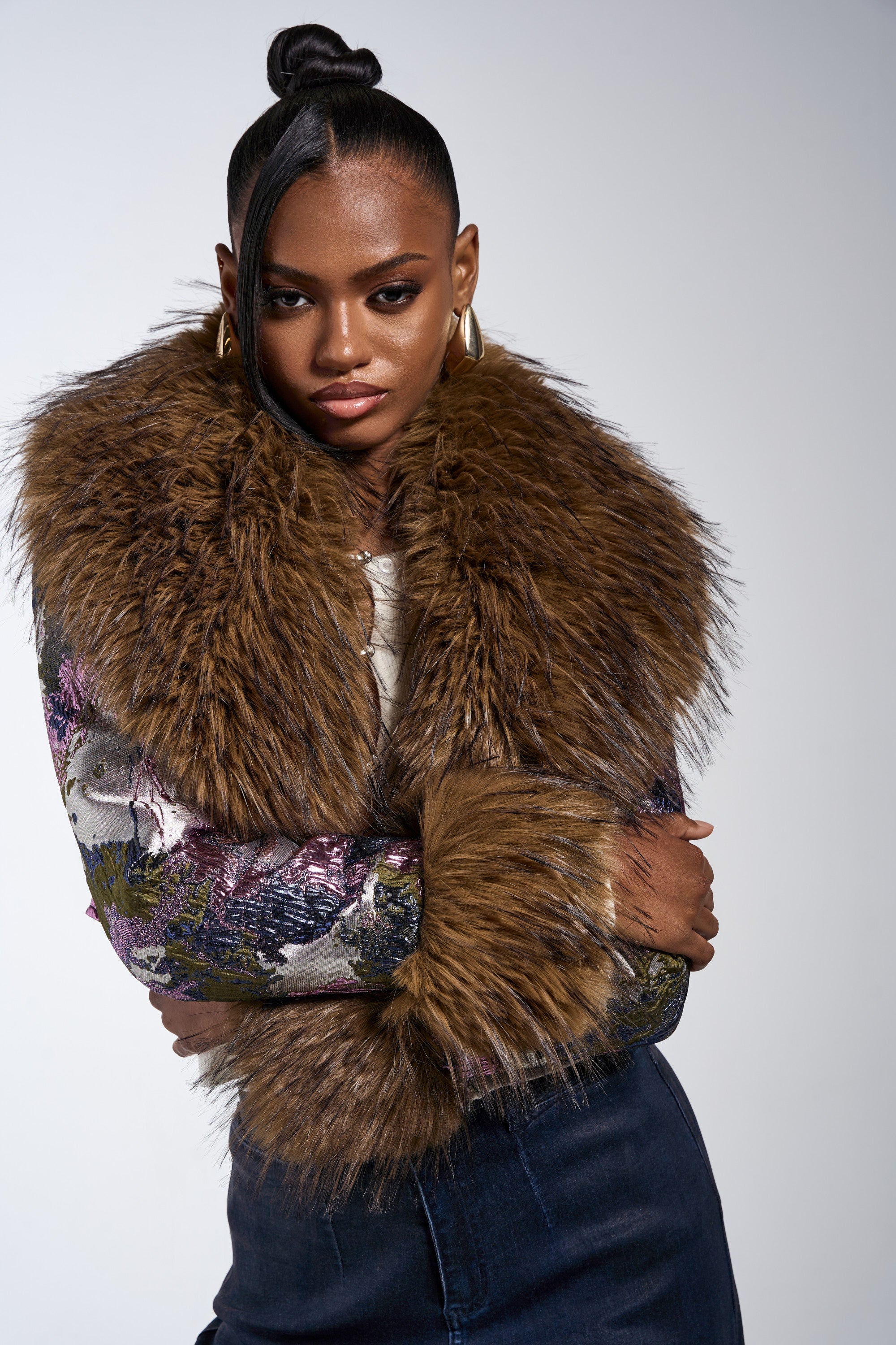 GISELE FUR TRIM MOTO IN BROCADE – AKIRA