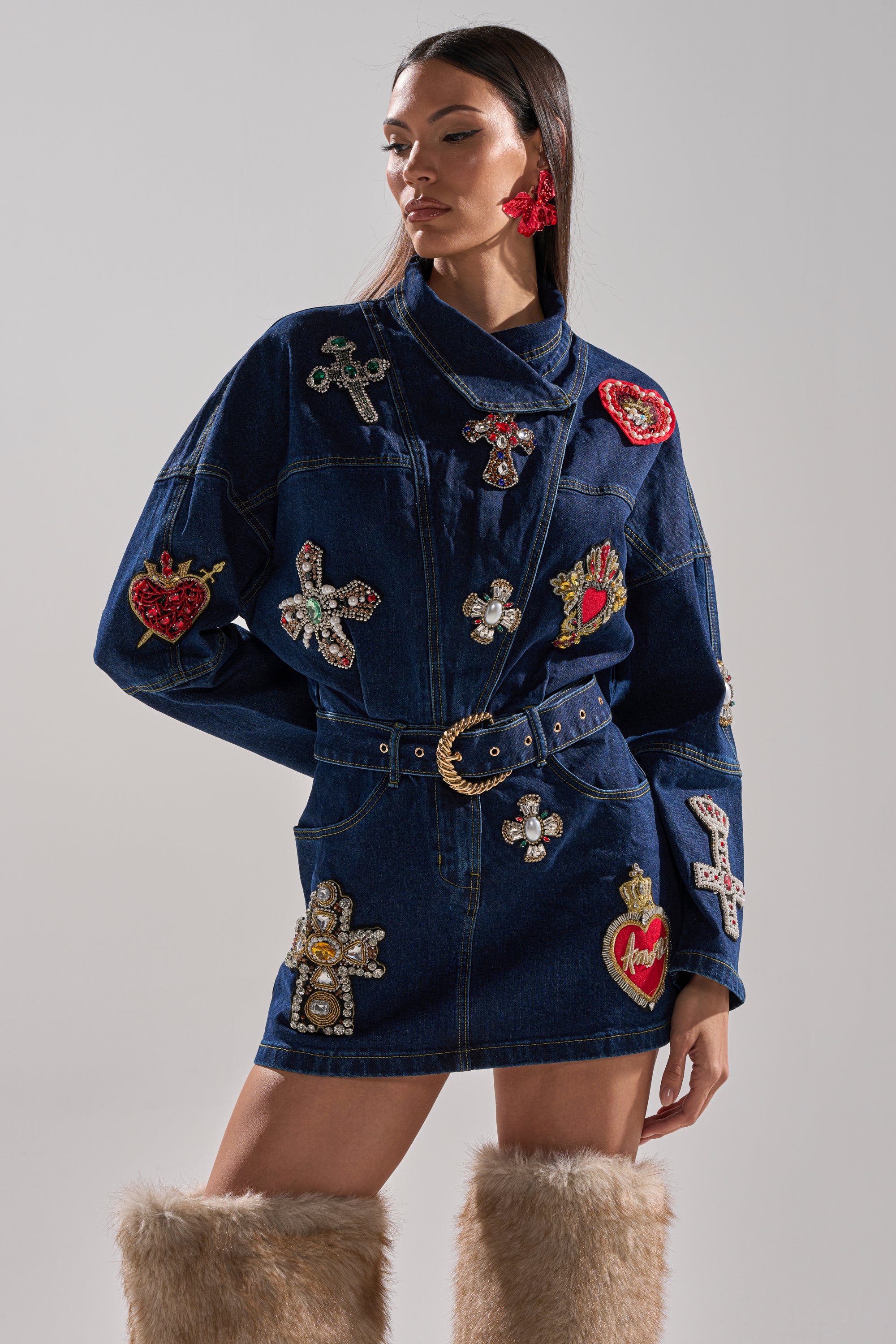 PRETTIEST PROBLEM DENIM PATCHWORK MINI DRESS AKIRA PRETTIEST PROBLEM DENIM PATCHWORK MINI DRESS AKIRA