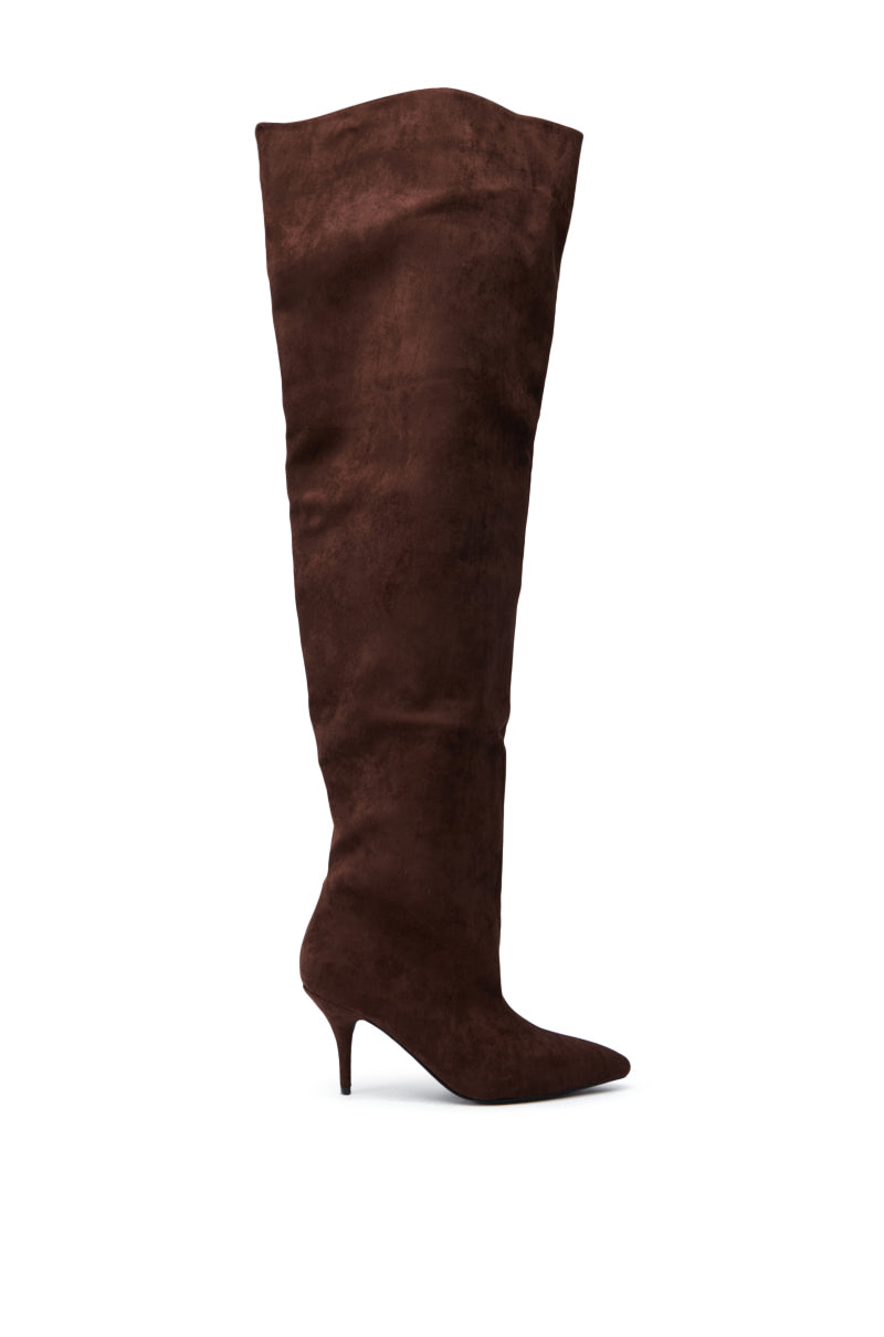 The AZALEA WANG HALINA brown faux suede stiletto boot is showcased with its pointed toe and slim stiletto heel against a white background.