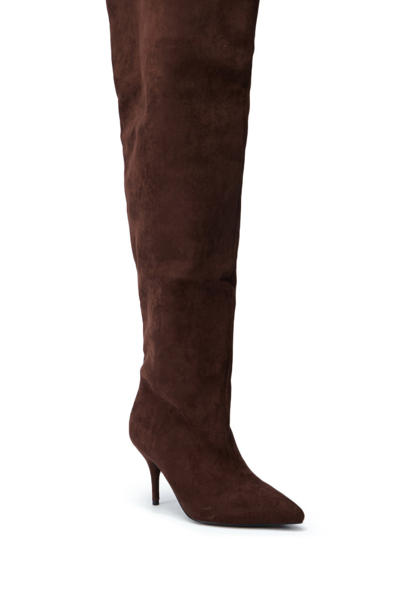 AZALEA WANG HALINA brown faux suede stiletto boot with a pointed toe, showcased from the side against a white background.