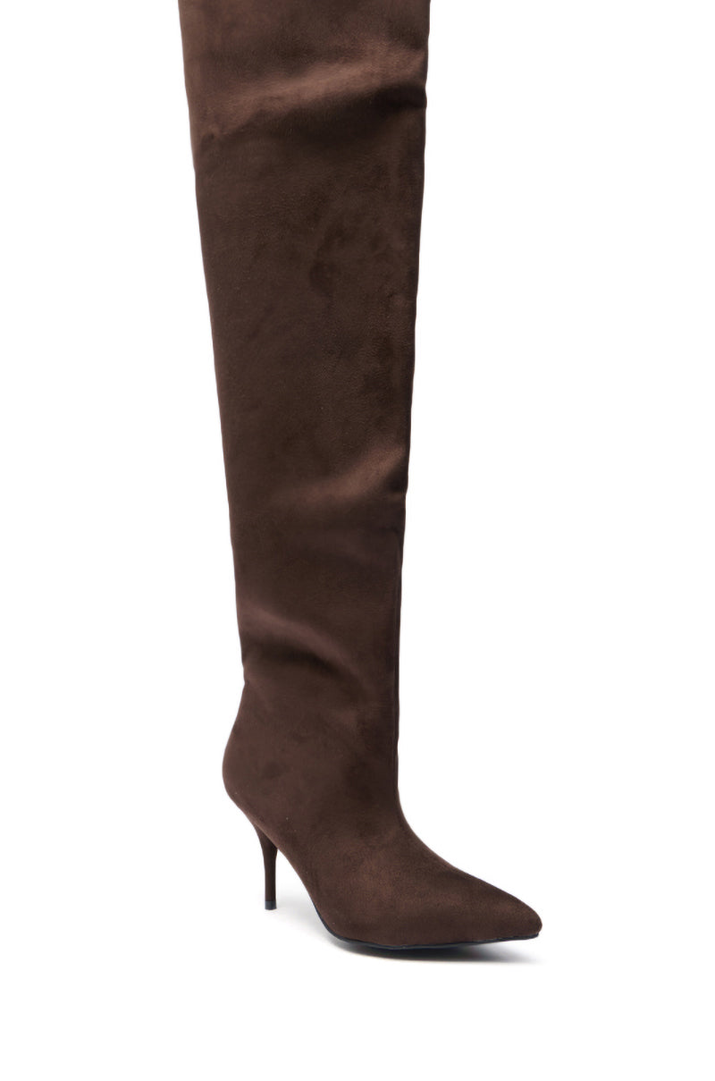 The AZALEA WANG HALINA CHOCOLATE THIGH HIGH BOOT is a single brown faux suede boot featuring a pointed toe and thin, mid-height stiletto heel, displayed against a white background.