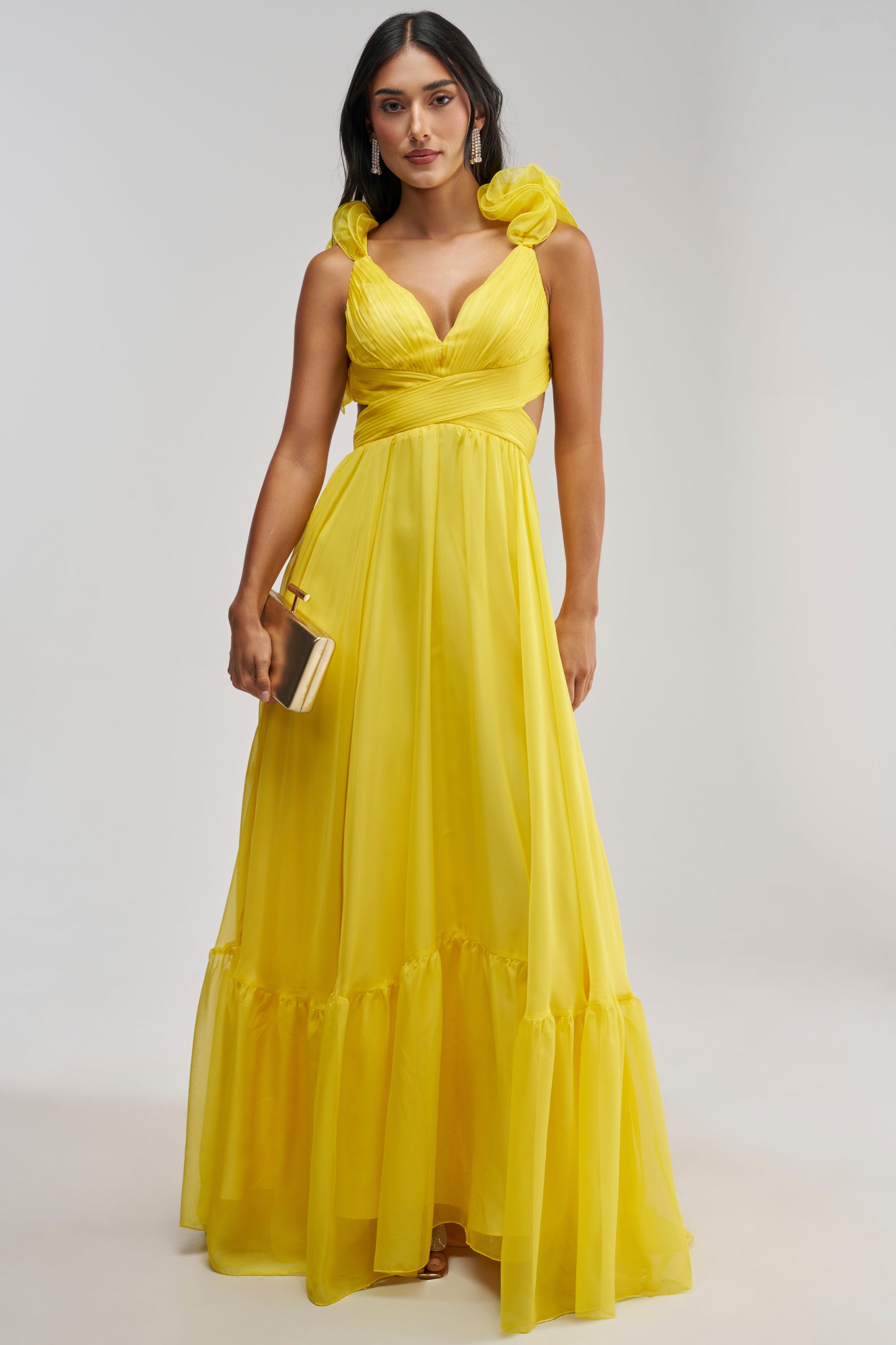 Yellow Chiffon Maxi Dress, Ruffle Gown