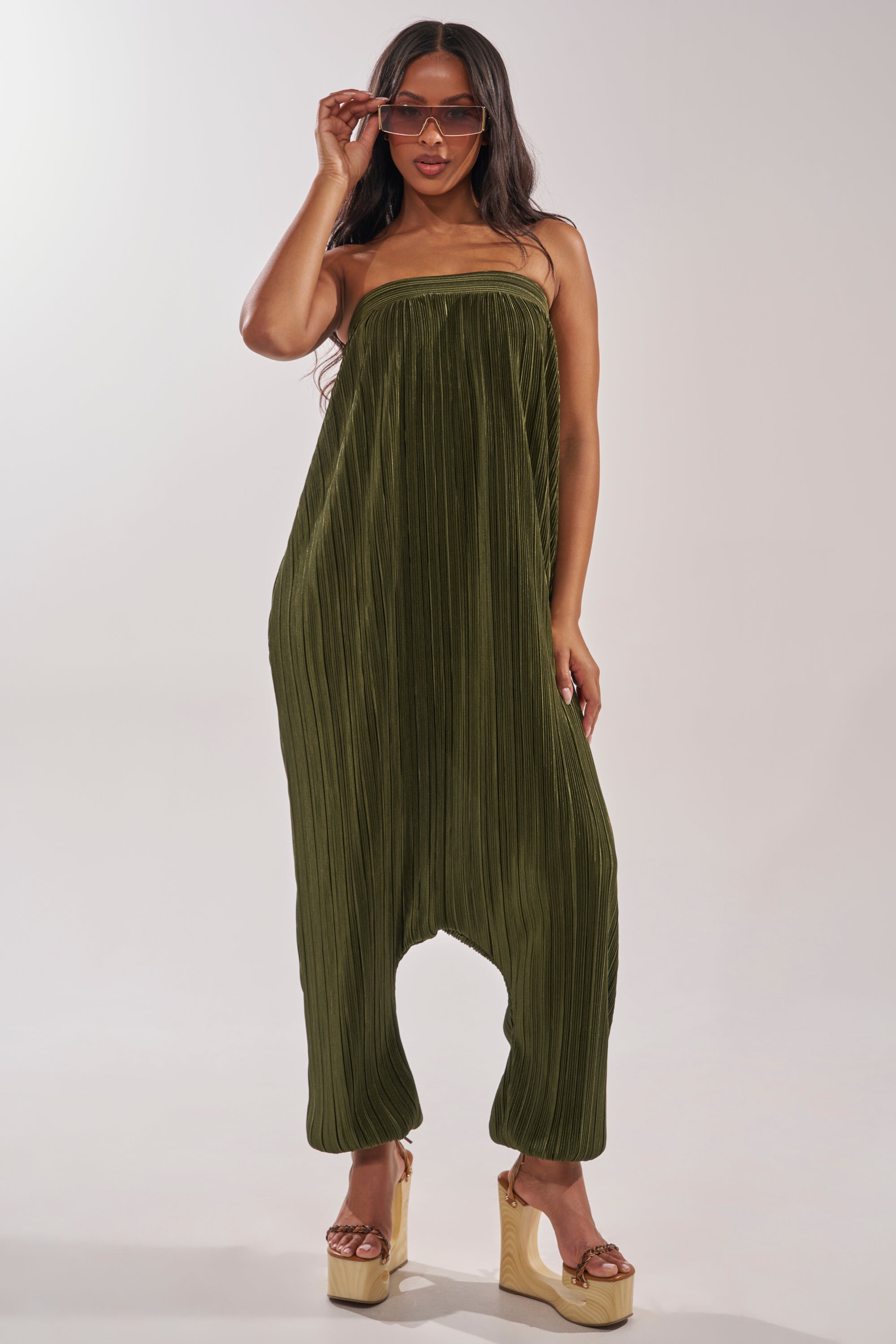 FROM THE CITY DROP CROTCH JUMPSUIT IN OLIVE – AKIRA