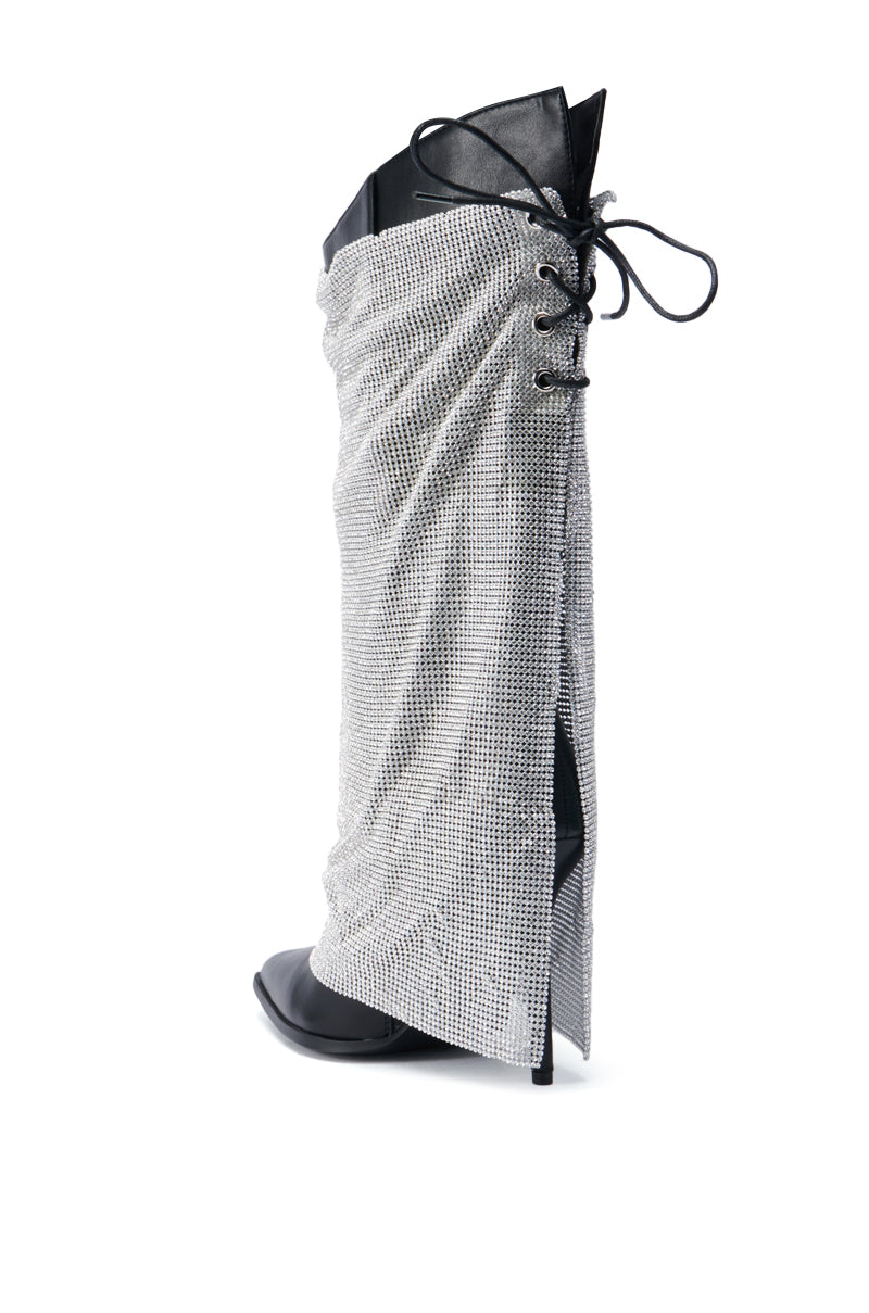 Presenting the AZALEA WANG JACLYN Embellished Stiletto Boot in Black, adorned with a glittery silver-textured exterior, complete with elegant black lace-up detailing at the back and a sleek pointed toe.