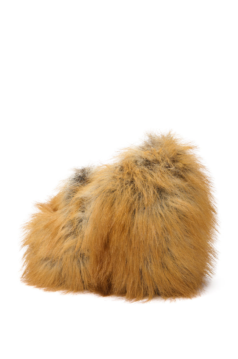 The AZALEA WANG JAEKE FOX FUR WEDGE PUMP IN BROWN features a fluffy faux fur texture in orange-brown with black streaks, a rounded shape, and a comfort cushion insole for extra coziness, displayed on a white background.