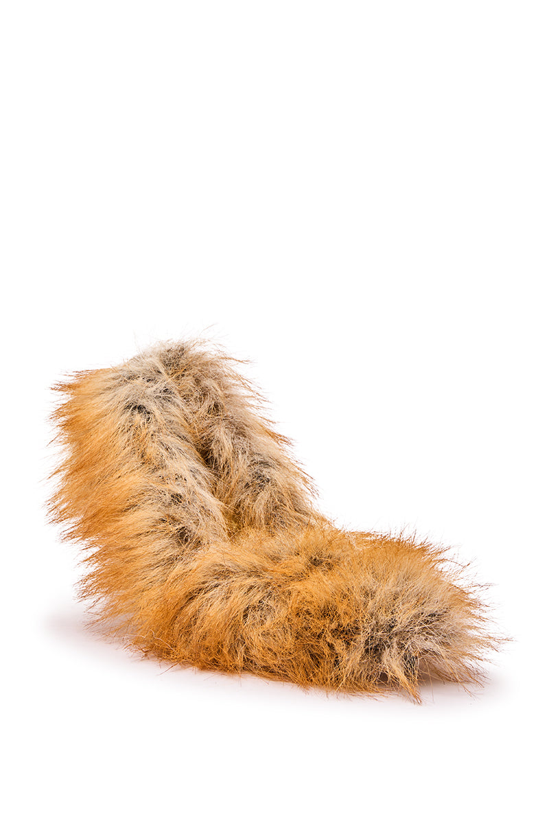 The AZALEA WANG JAMEECK TAN FUR PUMP is a fluffy, orange and brown faux fur pump with a long-haired, shaggy texture and pointed toe, shown on a white background.