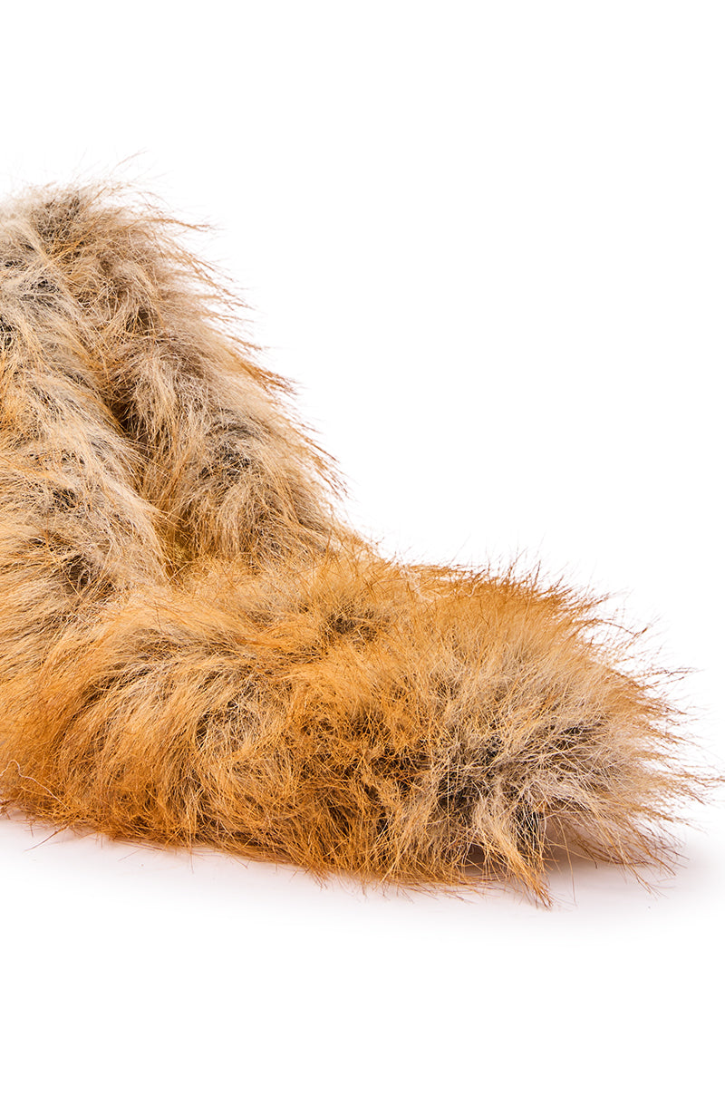Close-up of the AZALEA WANG JAMEECK TAN FUR PUMP, featuring furry orange and brown faux fur with black spots, shown against a white background.