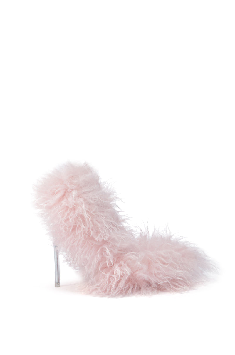 The AZALEA WANG JAMEELA PINK FUR STILETTO PUMP, embellished with soft, fluffy pink feathers and featuring a transparent heel, offers a comfort cushion insole for enhanced luxury. Displayed on a plain white background, it represents the perfect blend of style and comfort.