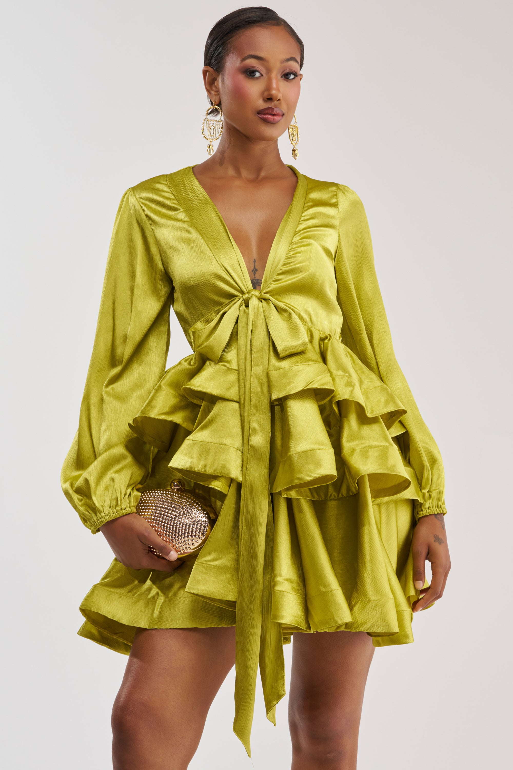 AKIRA Ariana Satin Ruffled Mini Dress | Green